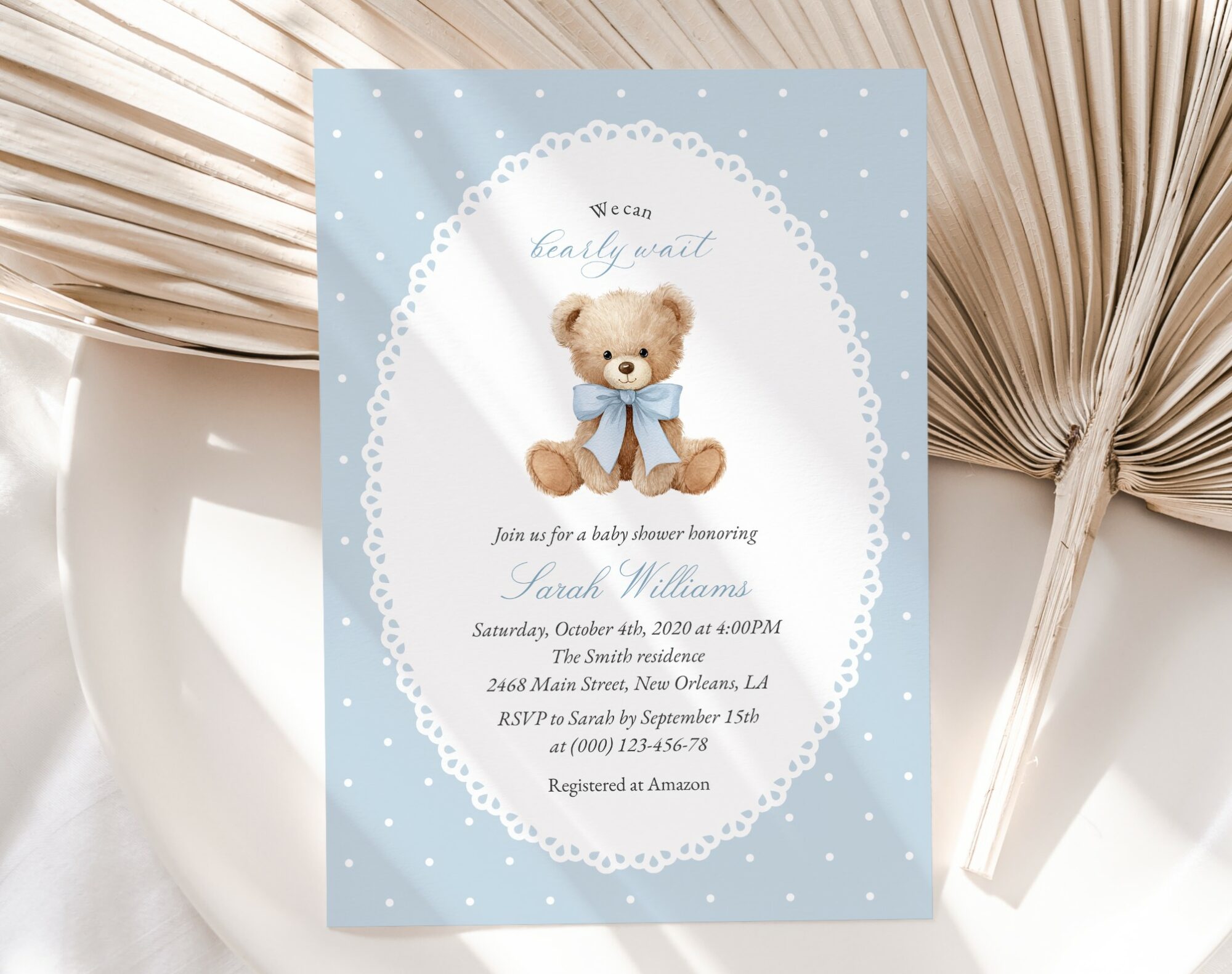 Bear and Blue Polka Dots Baby Shower Invitation, Boy Baby Shower, Printable File, Edit Yourself, SH219
