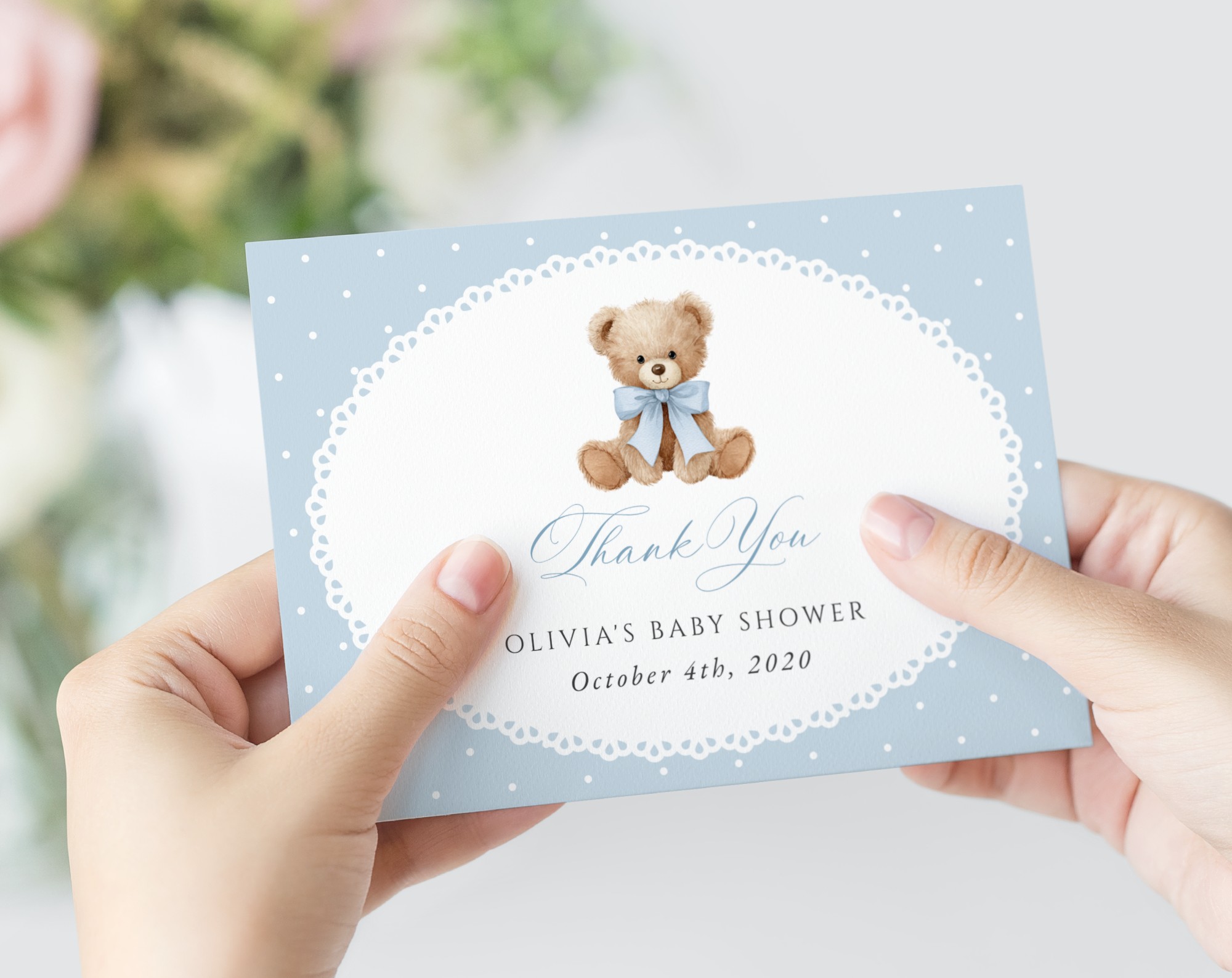 Bear and Blue Polka Dots Thank You Card, Boy Baby Shower, Printable File, Edit Yourself, SH219