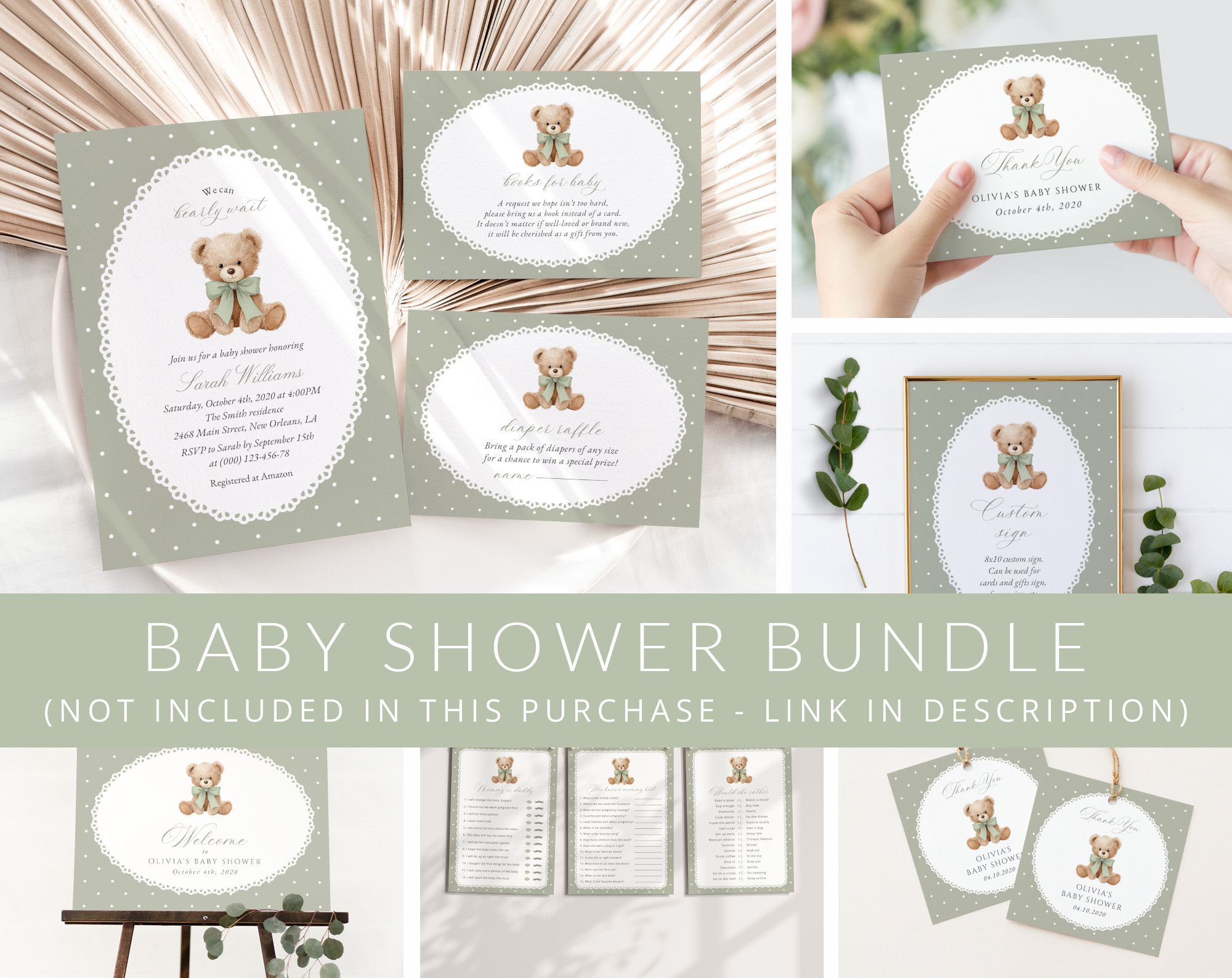 Bear and Green Polka Dots Baby Shower Mini Bundle, Gender Neutral, Printable File, Edit Yourself, SH220 Bear and Green Polka Dots Baby Shower Mini Bundle, Gender Neutral, Printable File, Edit Yourself, SH220
