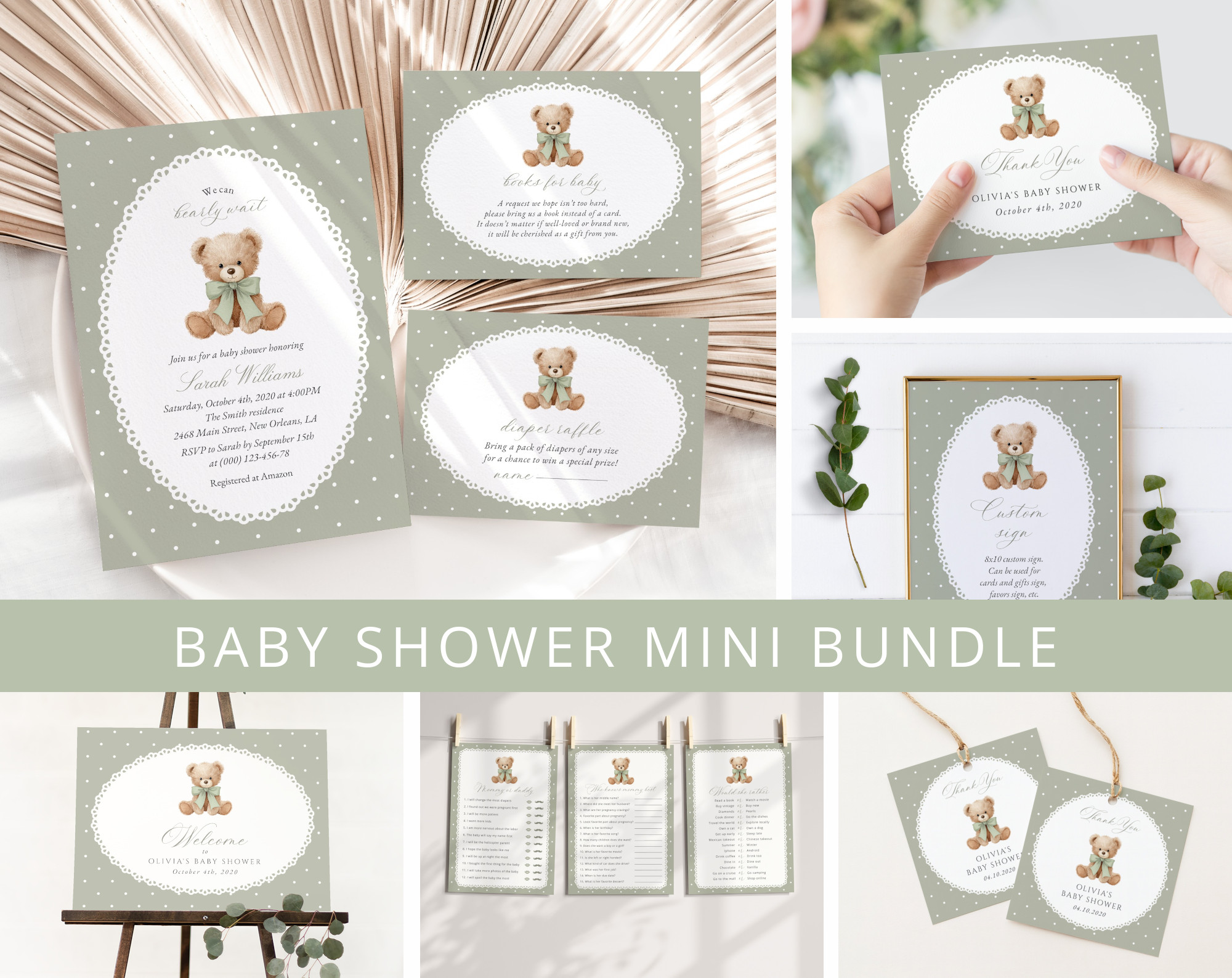 Bear and Green Polka Dots Baby Shower Mini Bundle, Gender Neutral, Printable File, Edit Yourself, SH220 Bear and Green Polka Dots Baby Shower Mini Bundle, Gender Neutral, Printable File, Edit Yourself, SH220