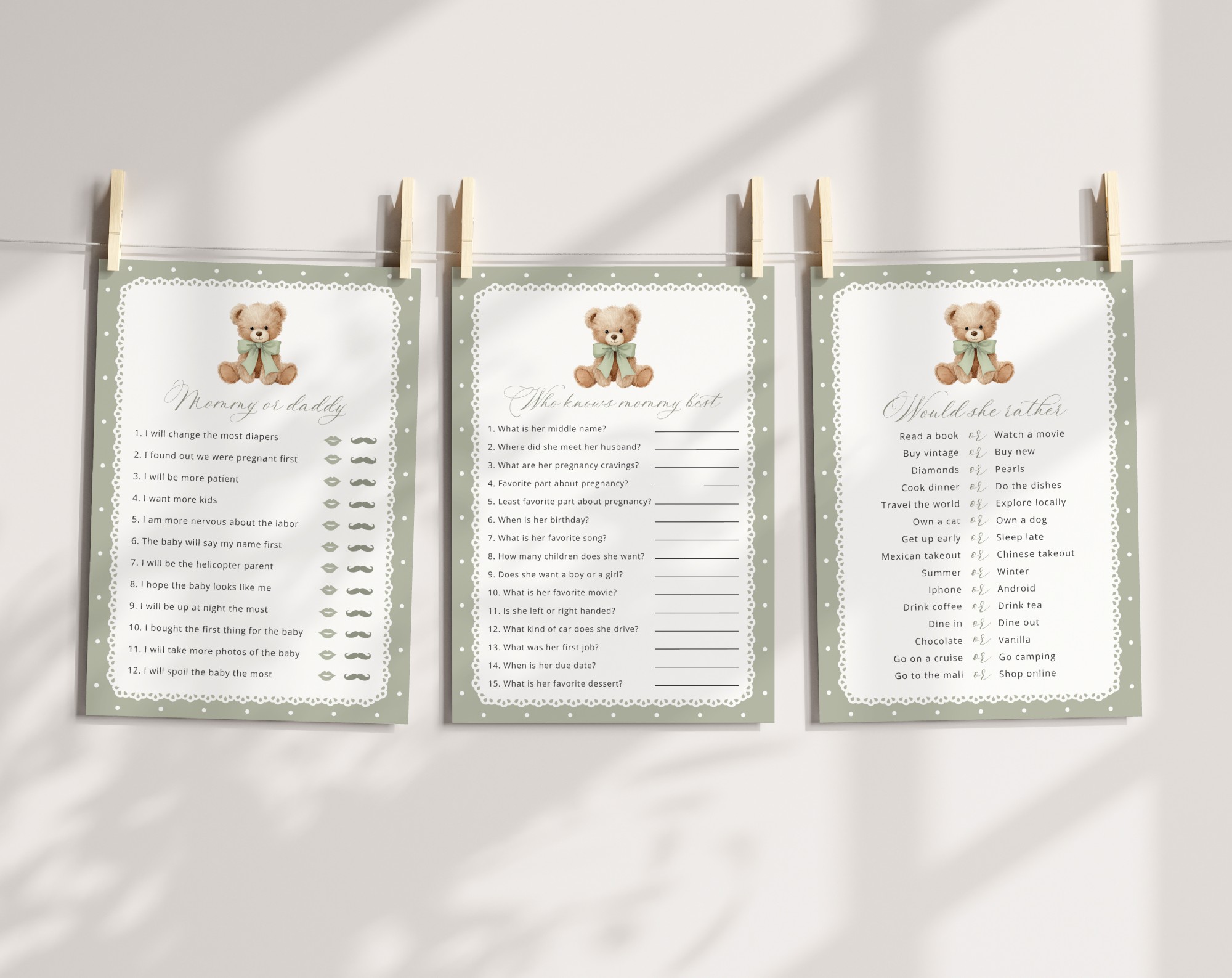 Bear and Green Polka Dots Baby Shower Games, Set of 3 Games, Gender Neutral, Printable File, Edit Yourself, SH220 Bear and Green Polka Dots Baby Shower Games, Set of 3 Games, Gender Neutral, Printable File, Edit Yourself, SH220