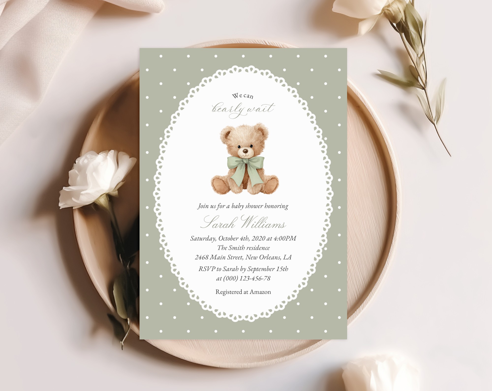 Bear and Green Polka Dots Baby Shower Invitation, Gender Neutral, Printable File, Edit Yourself, SH220 Bear and Green Polka Dots Baby Shower Invitation, Gender Neutral, Printable File, Edit Yourself, SH220