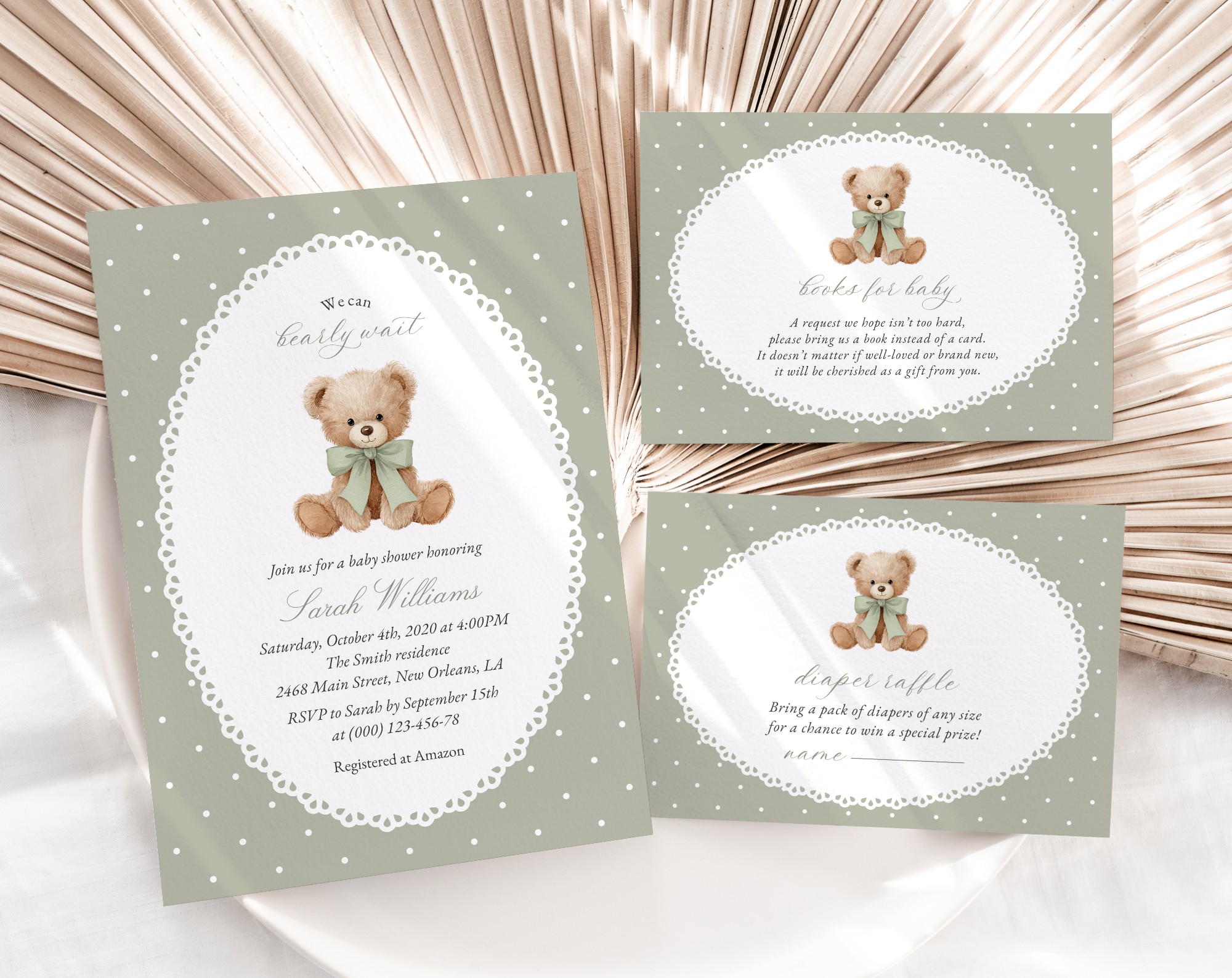 Bear and Green Polka Dots Baby Shower Invitation Suite, Gender Neutral, Printable File, Edit Yourself, SH220