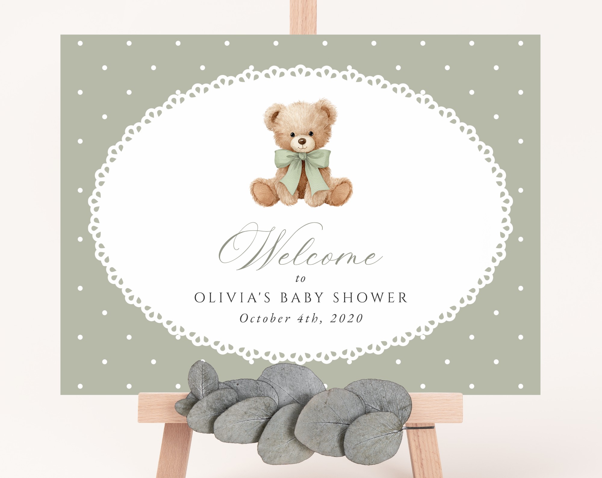Bear and Green Polka Dots Welcome Sign, Baby Shower Sign, Gender Neutral, Printable File, Edit Yourself, SH220 Bear and Green Polka Dots Welcome Sign, Baby Shower Sign, Gender Neutral, Printable File, Edit Yourself, SH220
