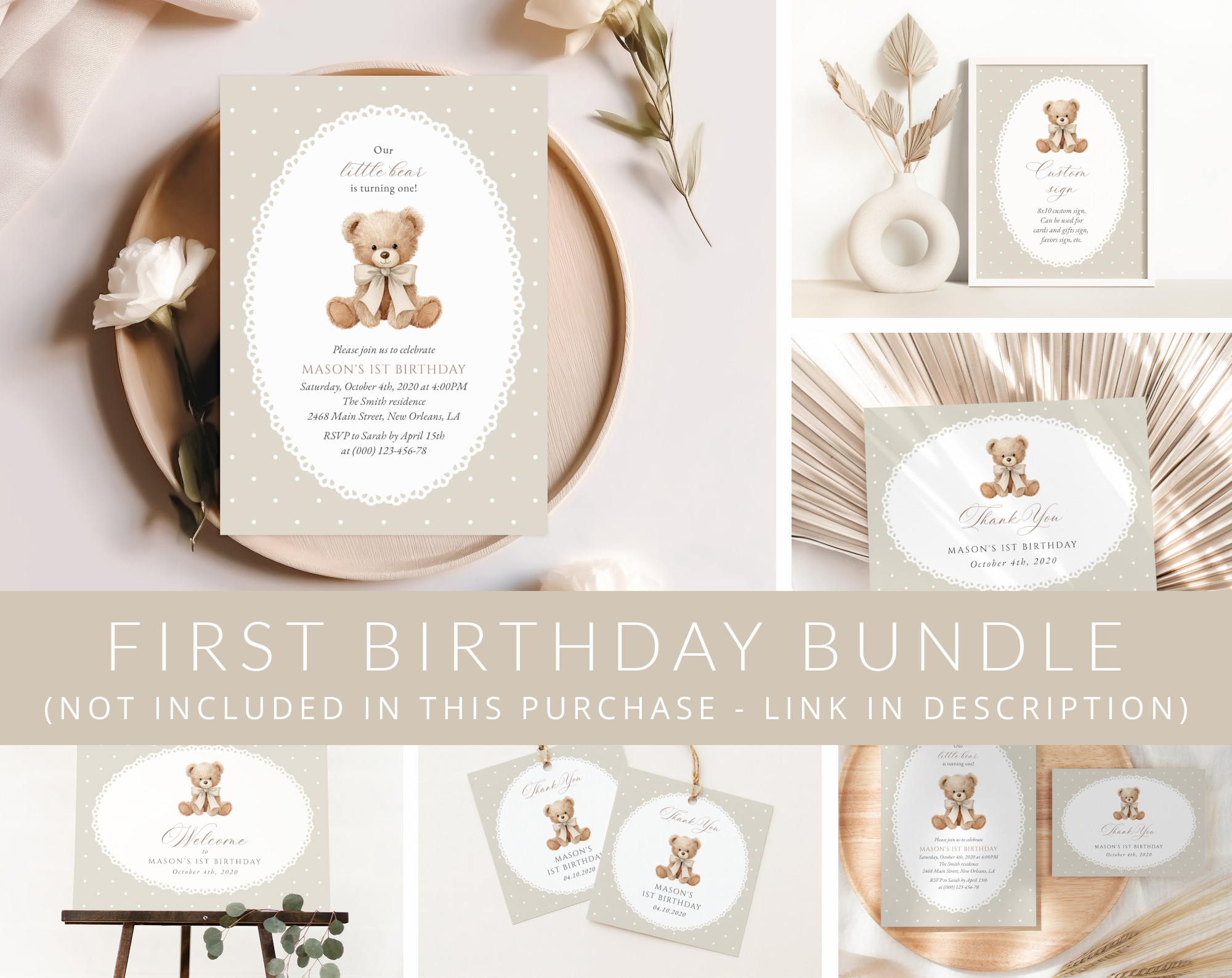 Bear and Beige Polka Dots First Birthday Mini Bundle, Gender Neutral, Printable File, Edit Yourself, SH221