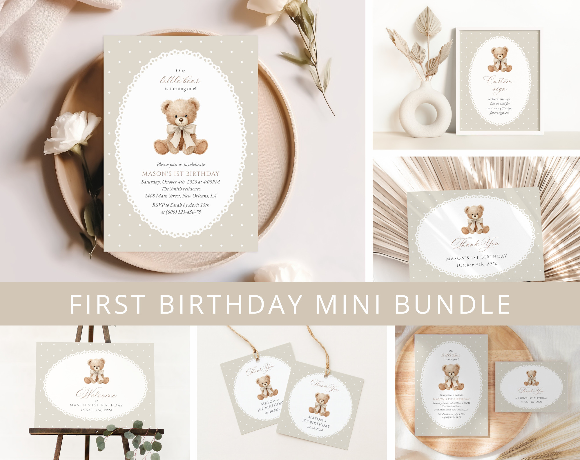 Bear and Beige Polka Dots First Birthday Mini Bundle, Gender Neutral, Printable File, Edit Yourself, SH221