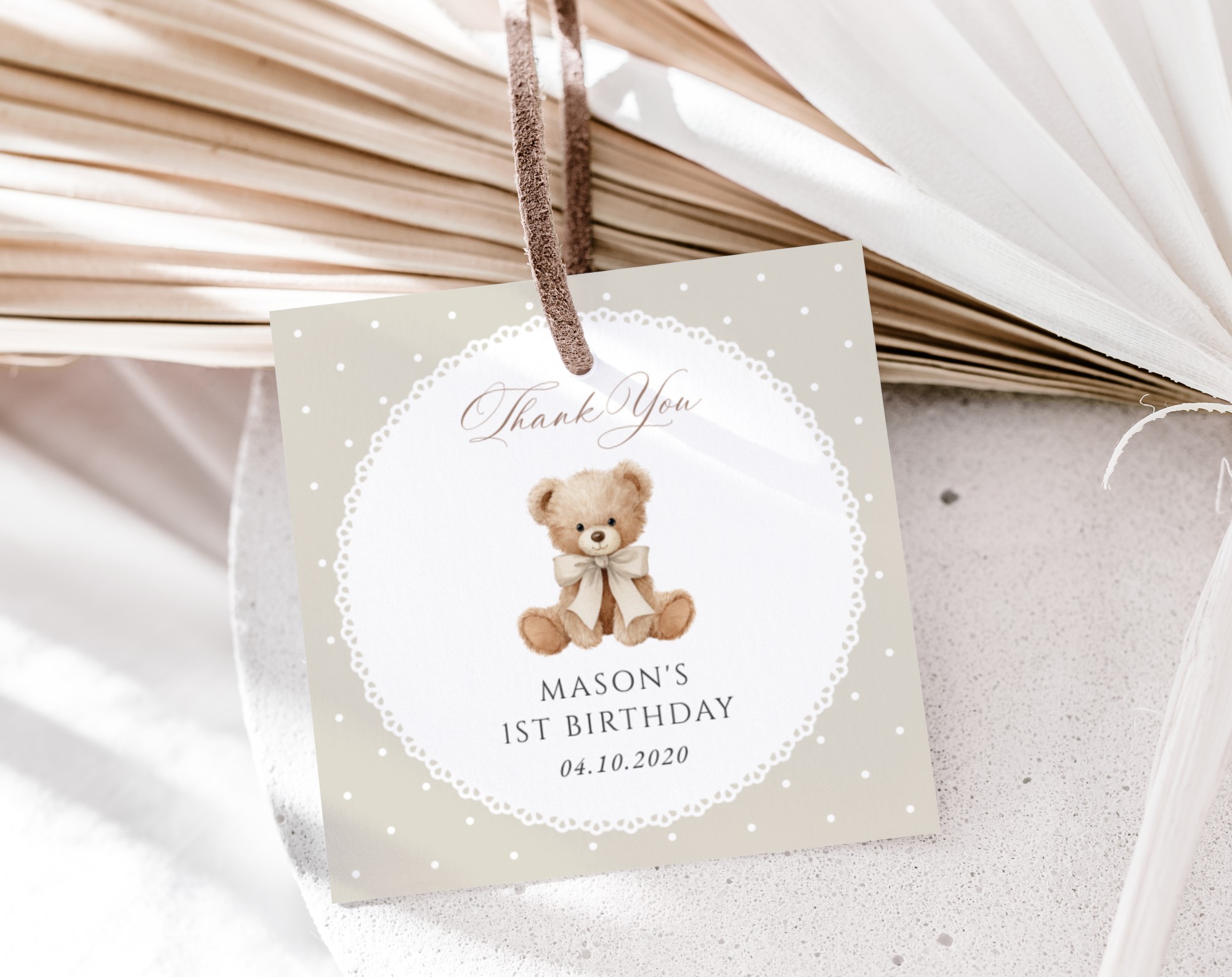 Bear and Beige Polka Dots Favor Tags, First Birthday, Gender Neutral, Printable File, Edit Yourself, SH221