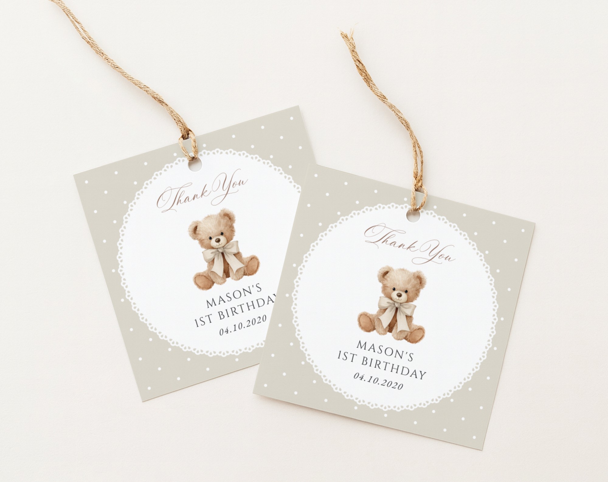 Bear and Beige Polka Dots Favor Tags, First Birthday, Gender Neutral, Printable File, Edit Yourself, SH221