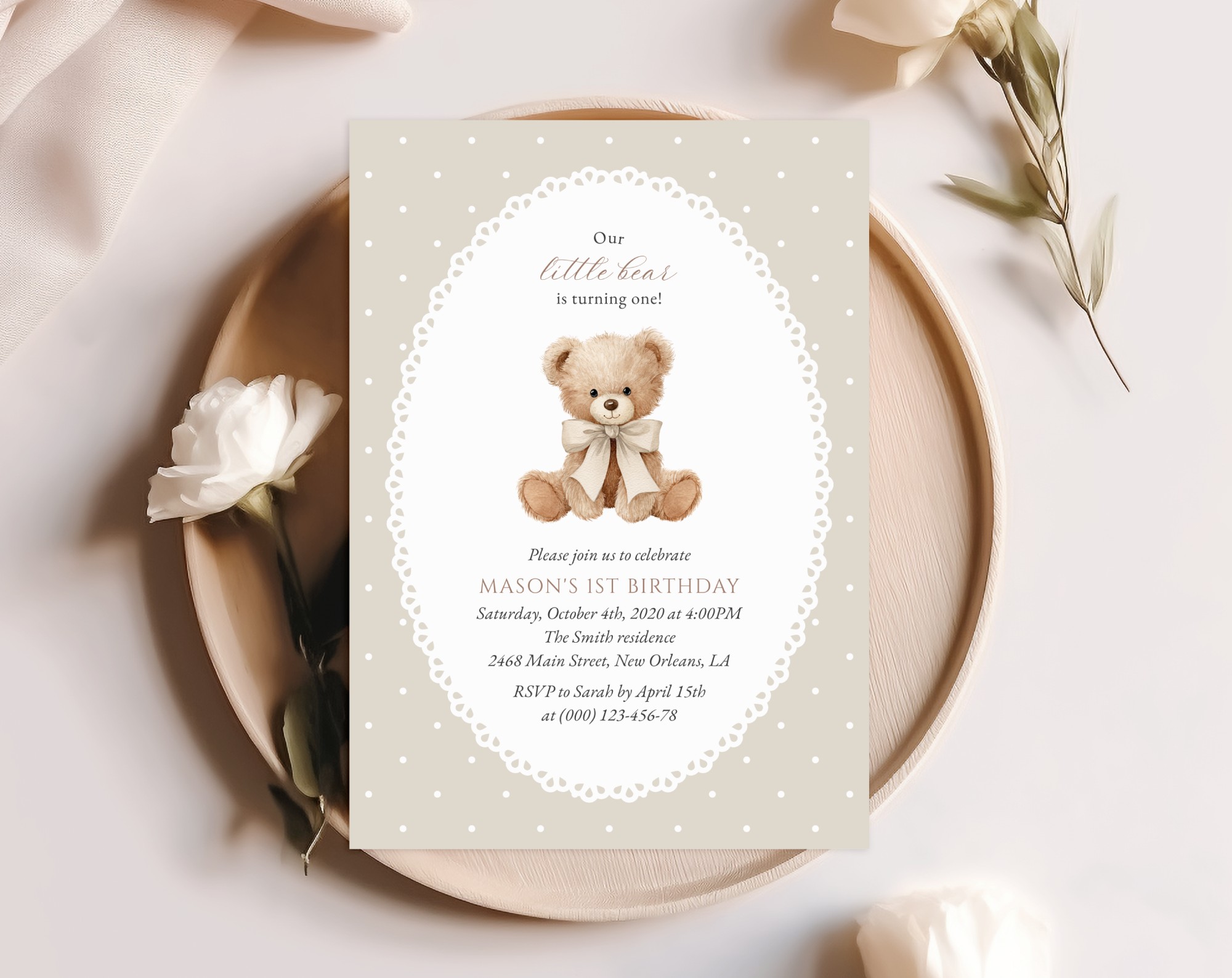Bear and Beige Polka Dots First Birthday Invitation, Birthday Stationery, Gender Neutral, Printable File, Edit Yourself, SH221