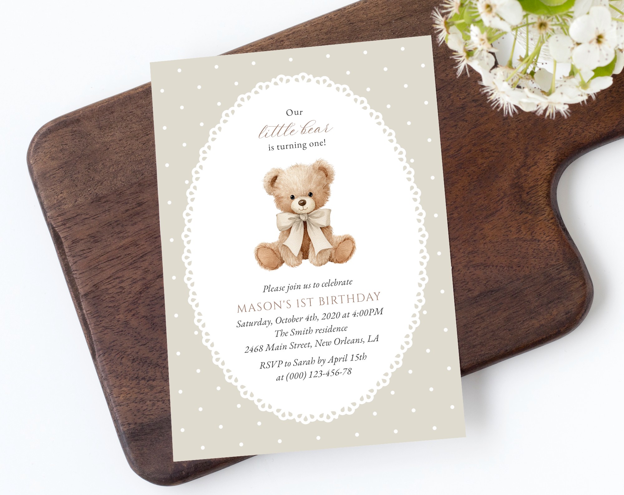 Bear and Beige Polka Dots First Birthday Invitation, Birthday Stationery, Gender Neutral, Printable File, Edit Yourself, SH221