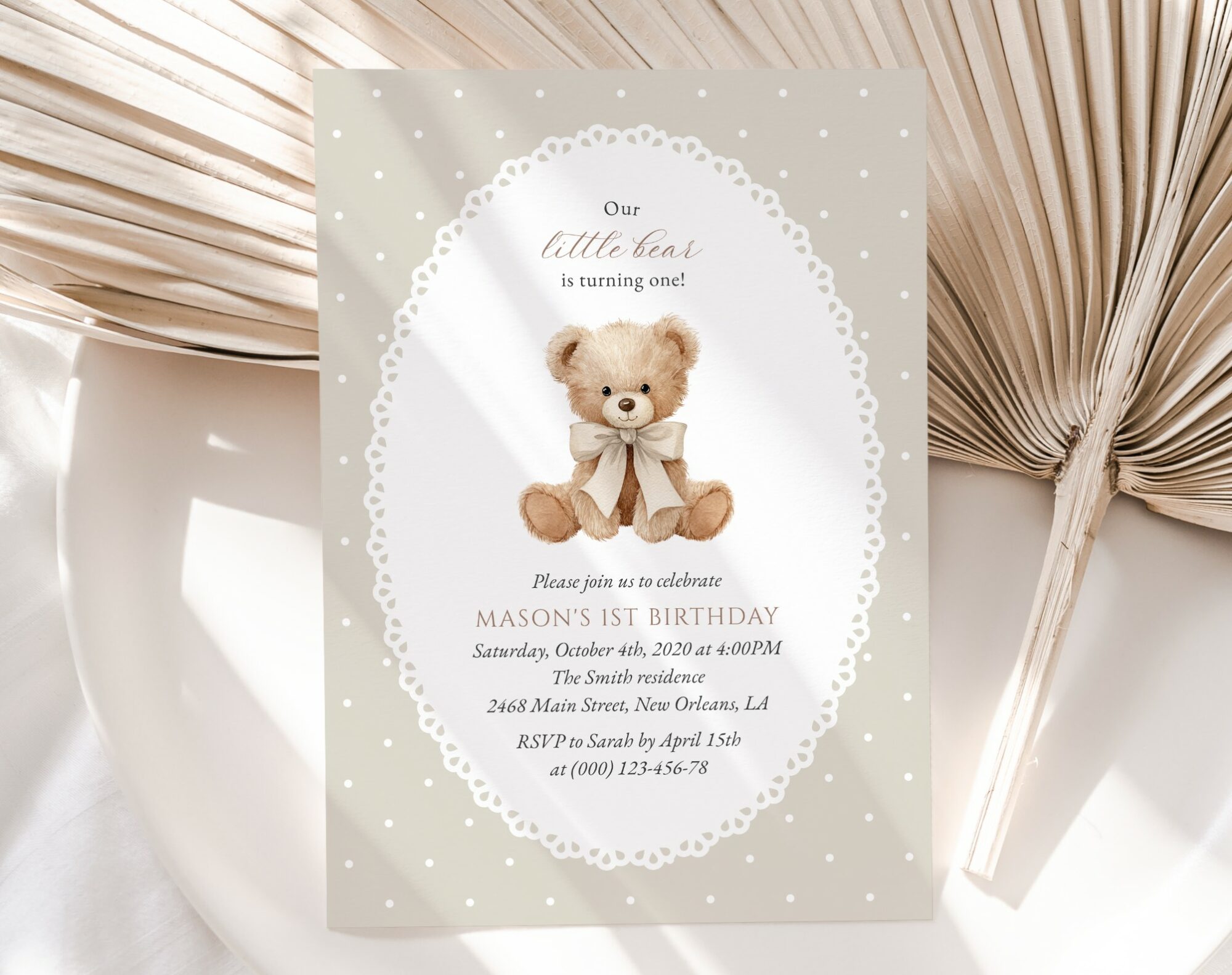 Bear and Beige Polka Dots First Birthday Invitation, Birthday Stationery, Gender Neutral, Printable File, Edit Yourself, SH221