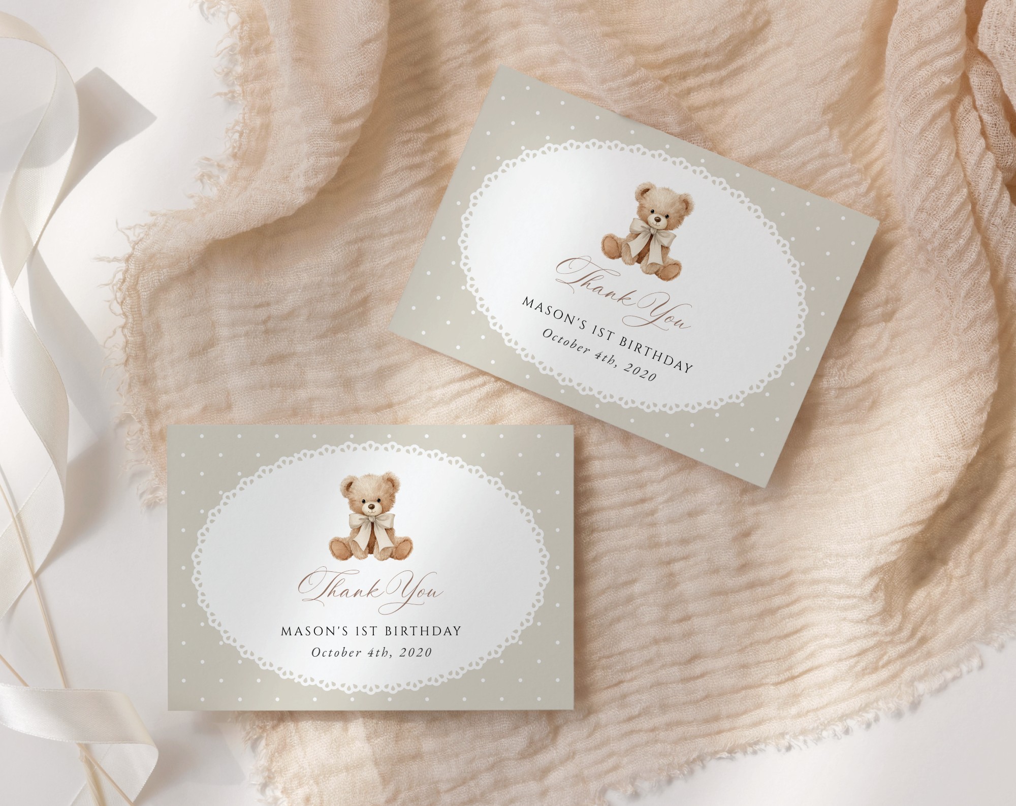 Bear and Beige Polka Dots Thank You Card, First Birthday, Gender Neutral, Printable File, Edit Yourself, SH221