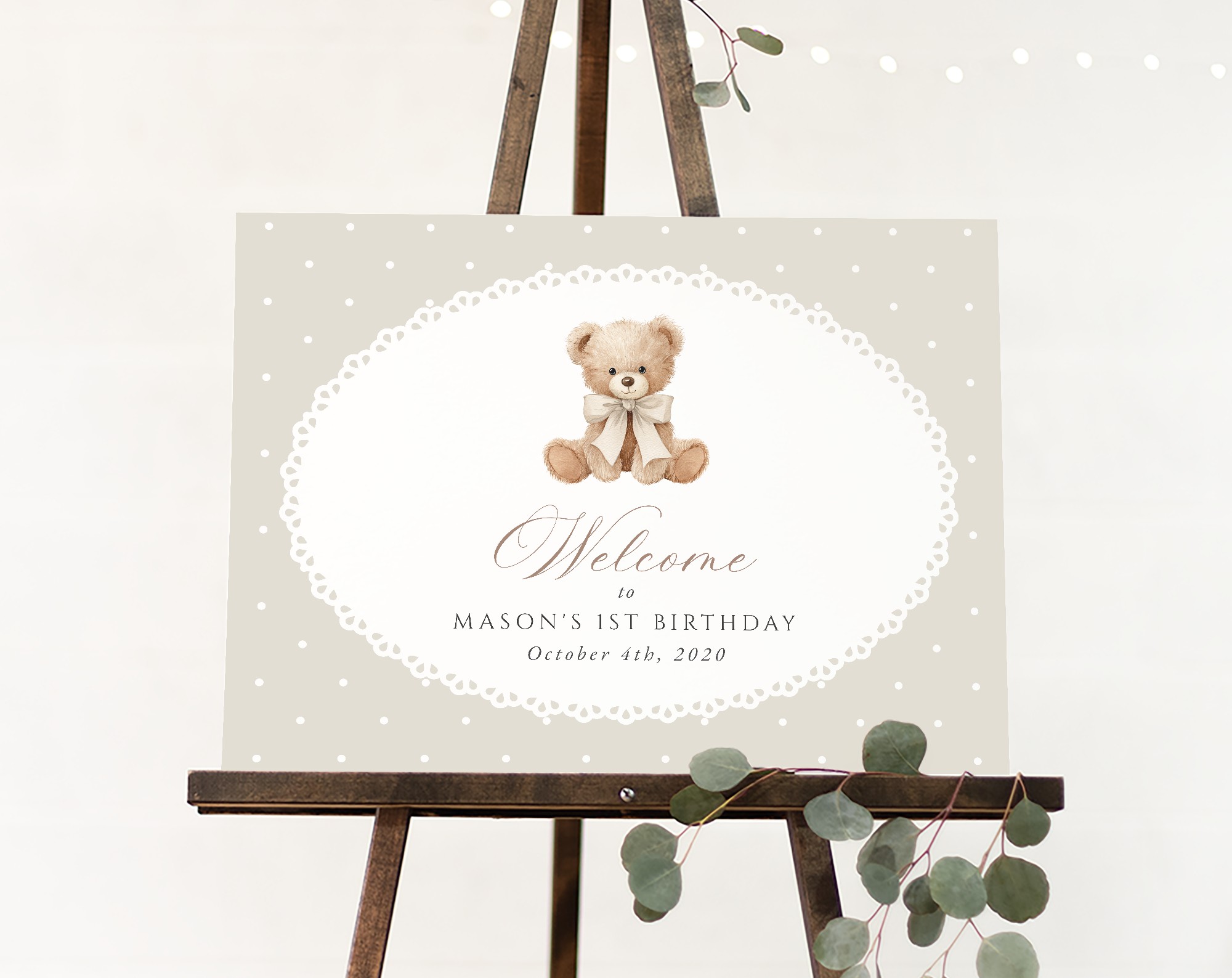 Bear and Beige Polka Dots Welcome Sign, First Birthday, Gender Neutral, Printable File, Edit Yourself, SH221