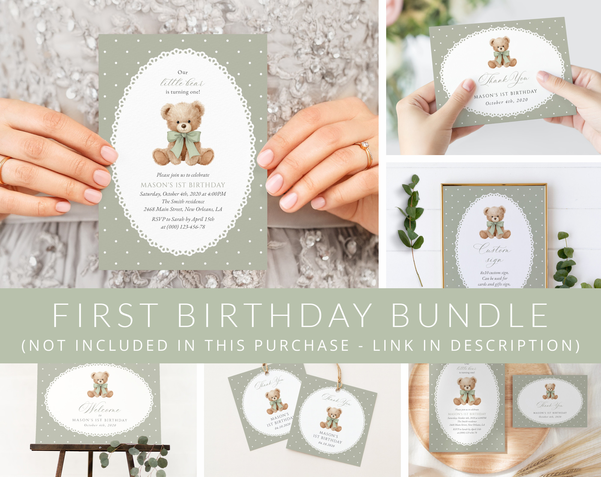 Bear and Green Polka Dots First Birthday Mini Bundle, Gender Neutral, Printable File, Edit Yourself, SH222 Bear and Green Polka Dots First Birthday Mini Bundle, Gender Neutral, Printable File, Edit Yourself, SH222
