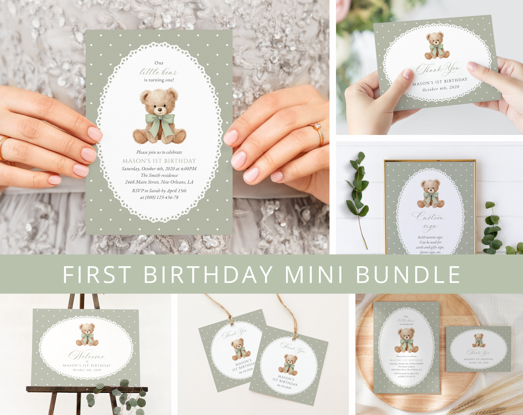 Bear and Green Polka Dots First Birthday Mini Bundle, Gender Neutral, Printable File, Edit Yourself, SH222 Bear and Green Polka Dots First Birthday Mini Bundle, Gender Neutral, Printable File, Edit Yourself, SH222