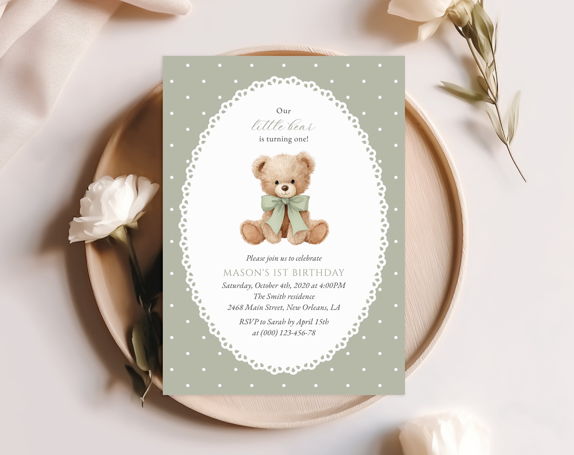 Bear and Green Polka Dots First Birthday Invitation, Birthday Stationery, Gender Neutral, Printable File, Edit Yourself, SH222
