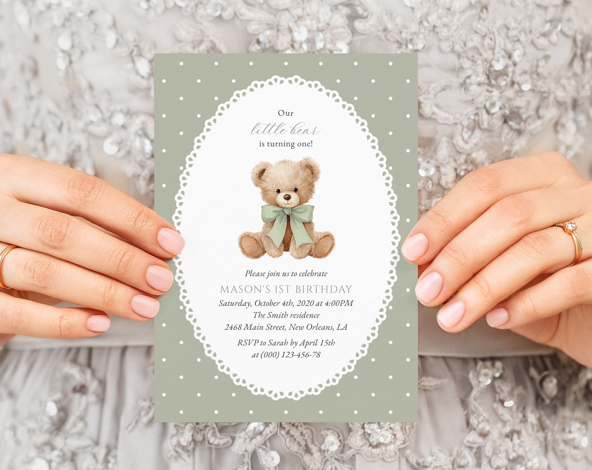 Bear and Green Polka Dots First Birthday Invitation, Birthday Stationery, Gender Neutral, Printable File, Edit Yourself, SH222 Bear and Green Polka Dots First Birthday Invitation, Birthday Stationery, Gender Neutral, Printable File, Edit Yourself, SH222