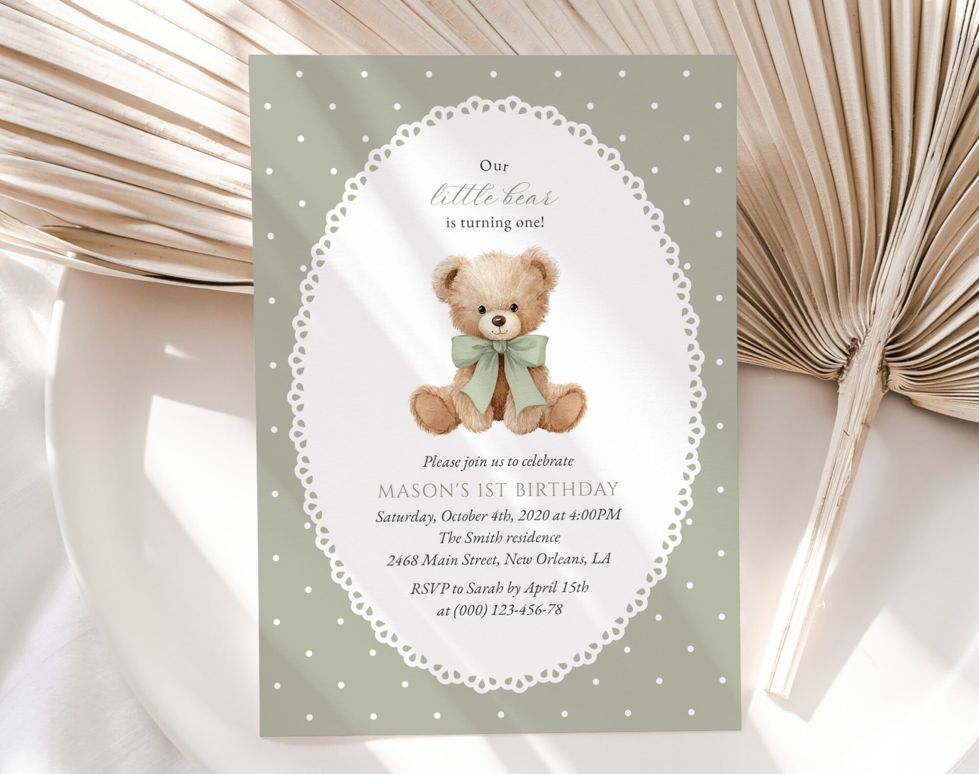 Bear and Green Polka Dots First Birthday Invitation, Birthday Stationery, Gender Neutral, Printable File, Edit Yourself, SH222