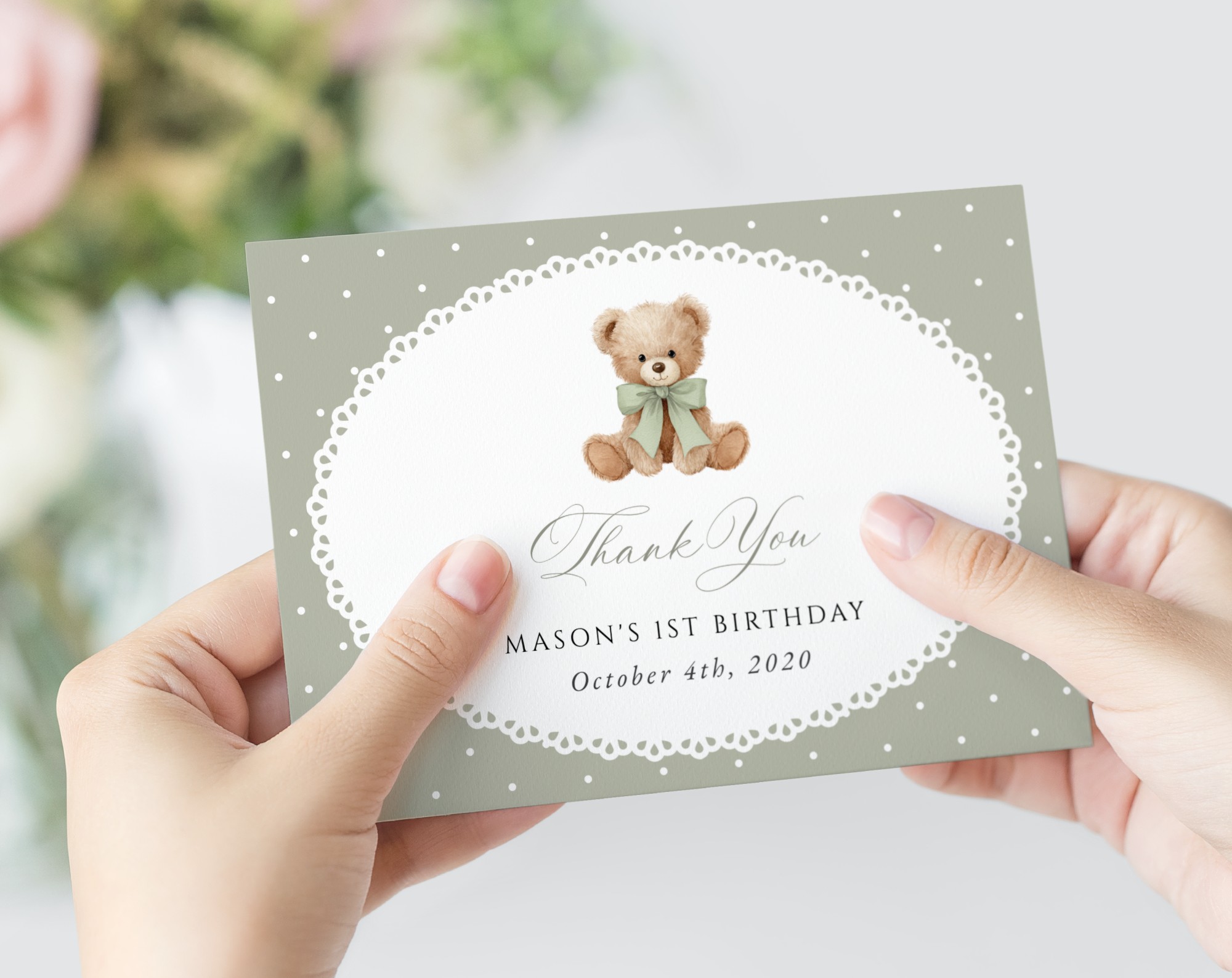 Bear and Green Polka Dots Thank You Card, First Birthday, Gender Neutral, Printable File, Edit Yourself, SH222 Bear and Green Polka Dots Thank You Card, First Birthday, Gender Neutral, Printable File, Edit Yourself, SH222