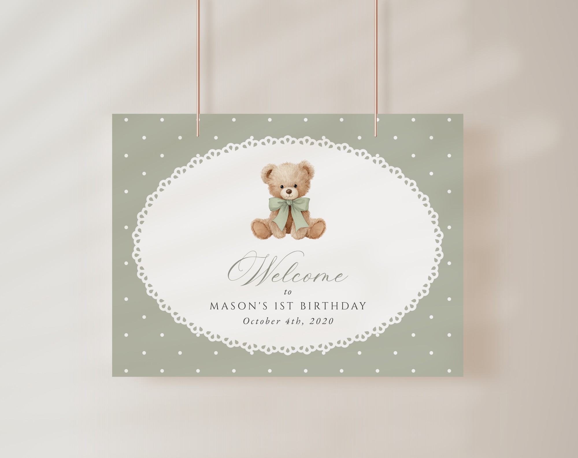Bear and Green Polka Dots Welcome Sign, First Birthday, Gender Neutral, Printable File, Edit Yourself, SH222