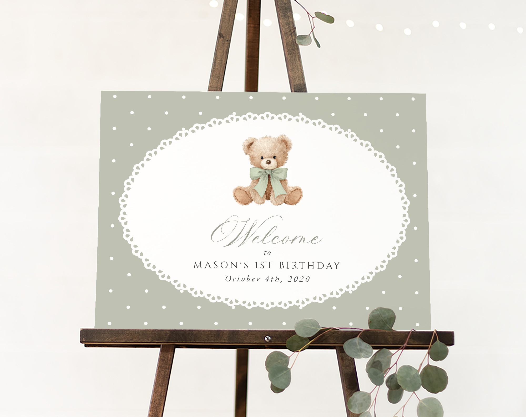 Bear and Green Polka Dots Welcome Sign, First Birthday, Gender Neutral, Printable File, Edit Yourself, SH222 Bear and Green Polka Dots Welcome Sign, First Birthday, Gender Neutral, Printable File, Edit Yourself, SH222