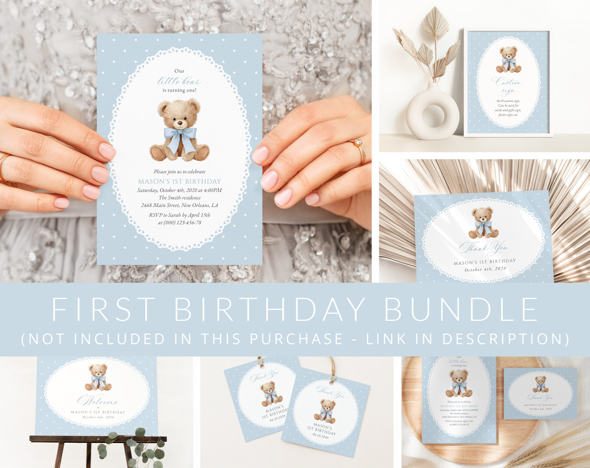 Bear and Blue Polka Dots First Birthday Mini Bundle, Boy Birthday, Printable File, Edit Yourself, SH223