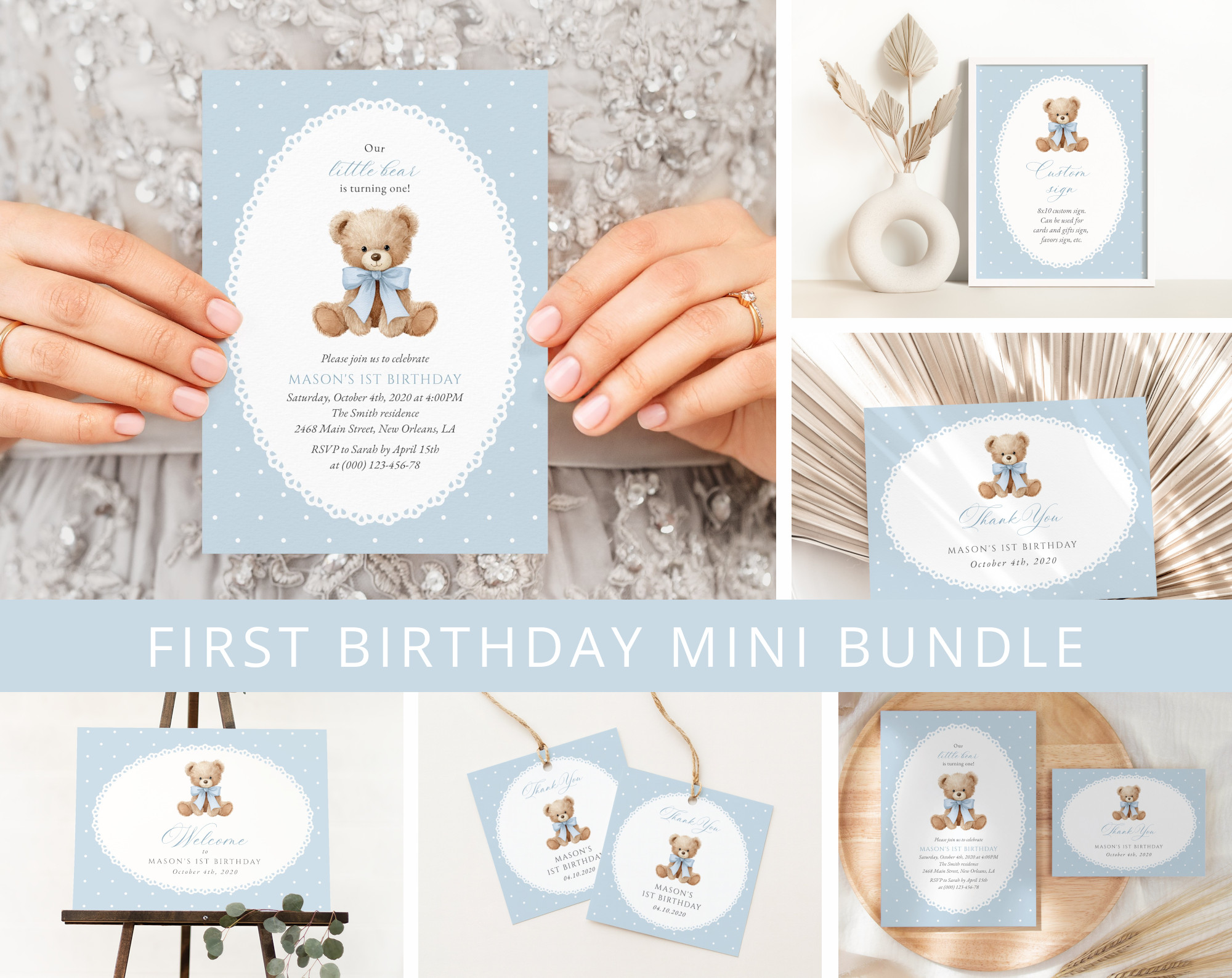 Bear and Blue Polka Dots First Birthday Mini Bundle, Boy Birthday, Printable File, Edit Yourself, SH223