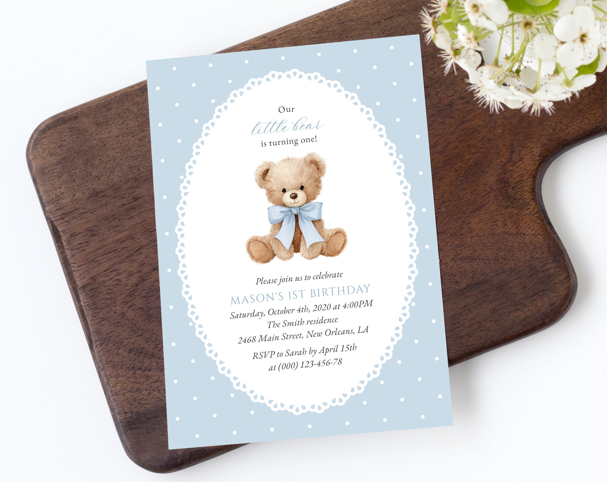 Bear and Blue Polka Dots First Birthday Invitation, Birthday Stationery, Boy Birthday, Printable File, Edit Yourself, SH223