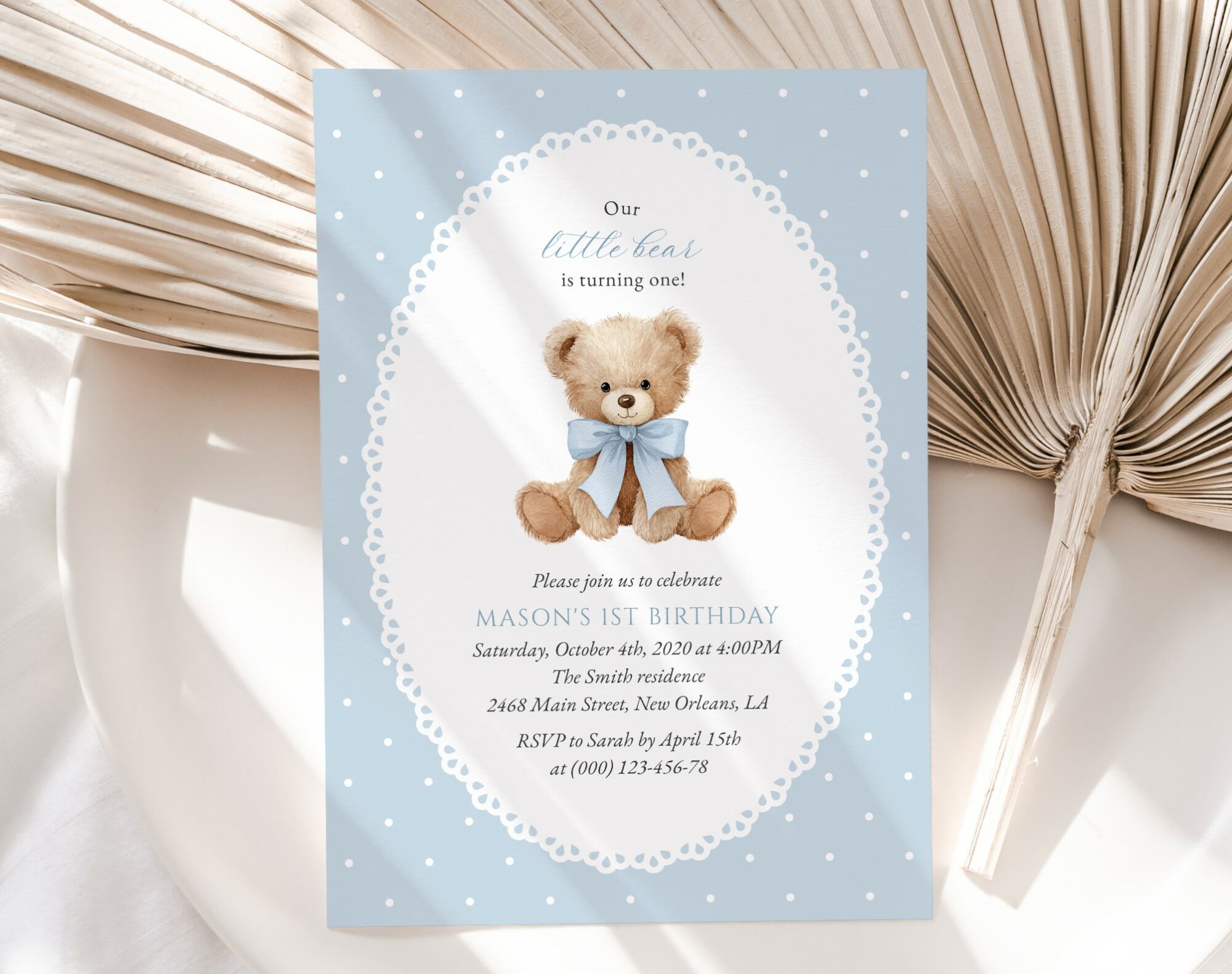 Bear and Blue Polka Dots First Birthday Invitation, Birthday Stationery, Boy Birthday, Printable File, Edit Yourself, SH223