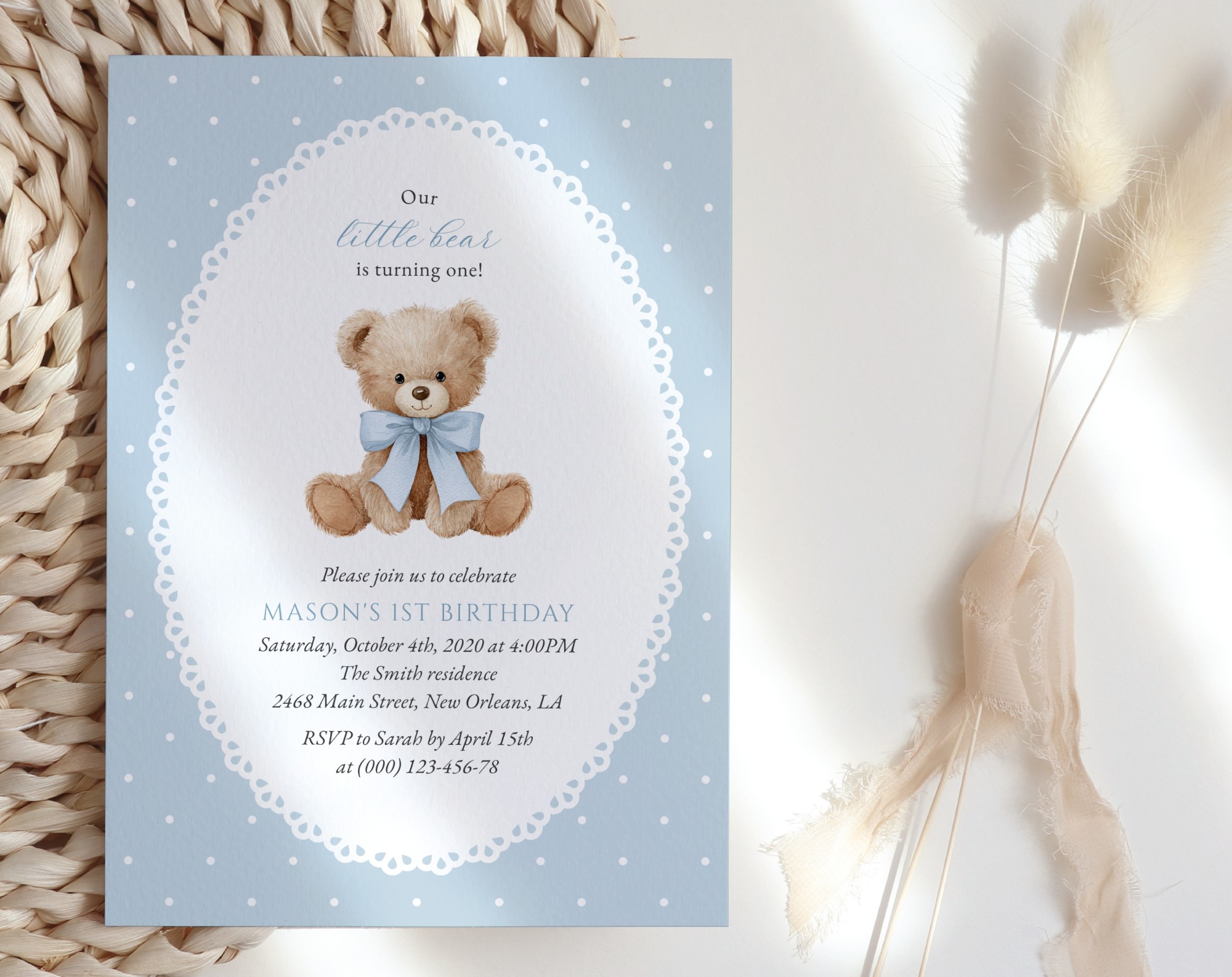 Bear and Blue Polka Dots First Birthday Invitation, Birthday Stationery, Boy Birthday, Printable File, Edit Yourself, SH223