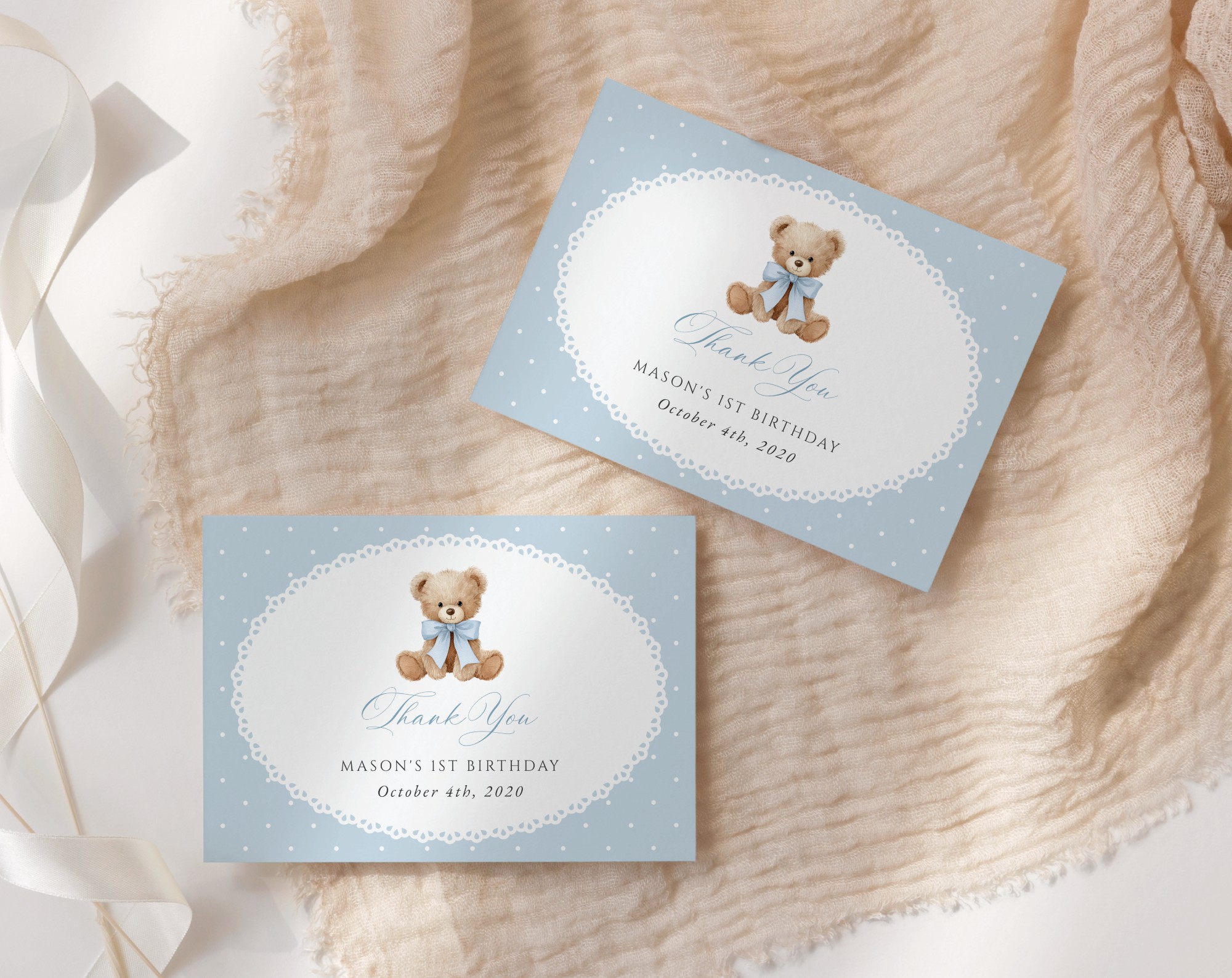 Bear and Blue Polka Dots Thank You Card, First Birthday, Boy Birthday, Printable File, Edit Yourself, SH223
