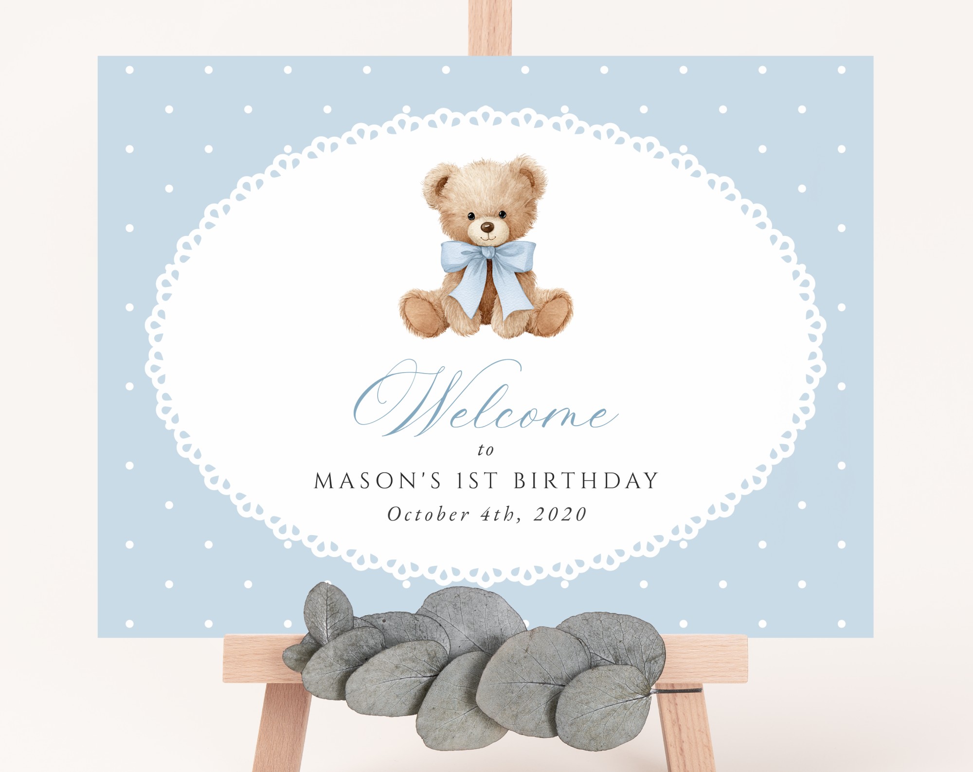 Bear and Blue Polka Dots Welcome Sign, First Birthday, Boy Birthday, Printable File, Edit Yourself, SH223
