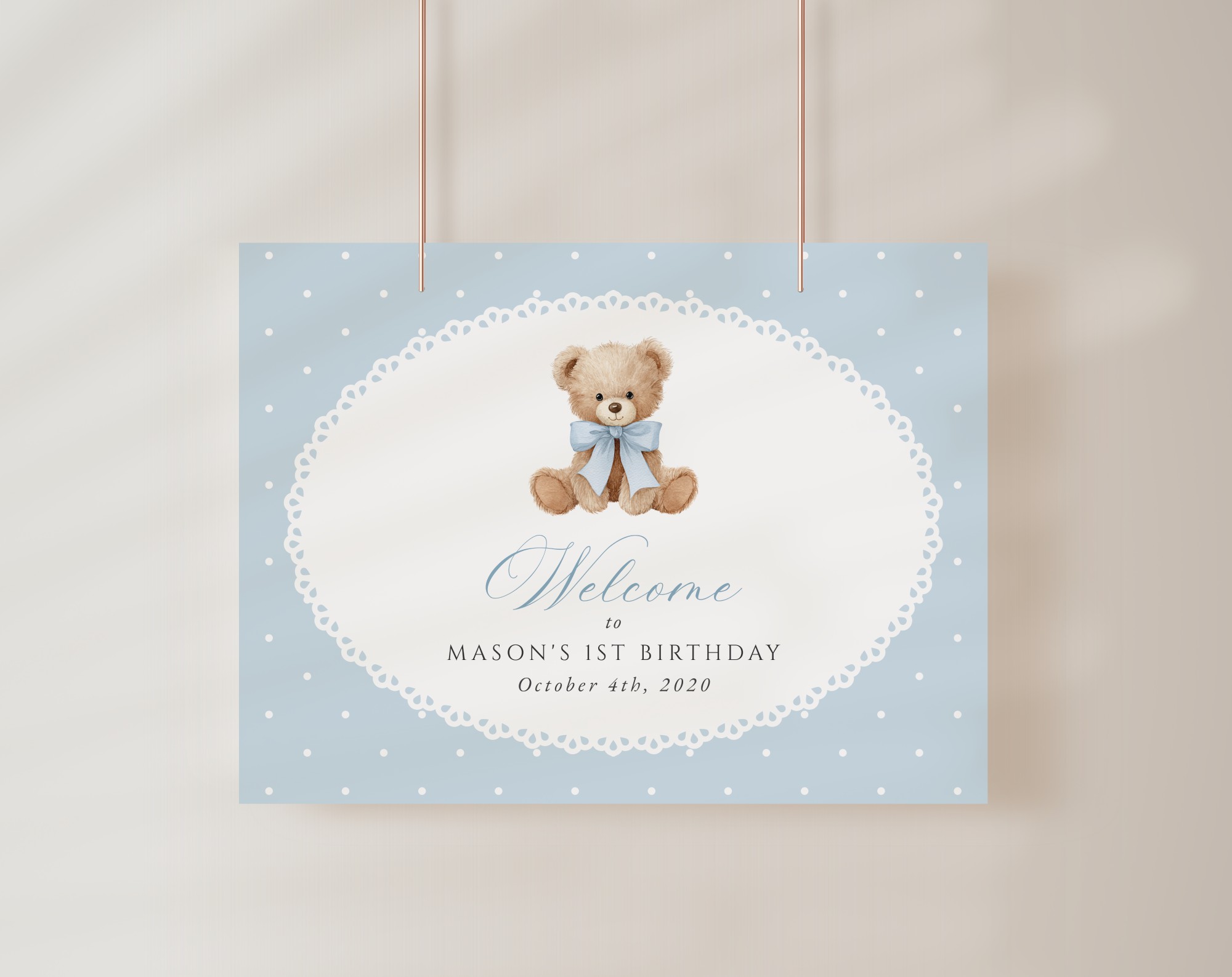 Bear and Blue Polka Dots Welcome Sign, First Birthday, Boy Birthday, Printable File, Edit Yourself, SH223