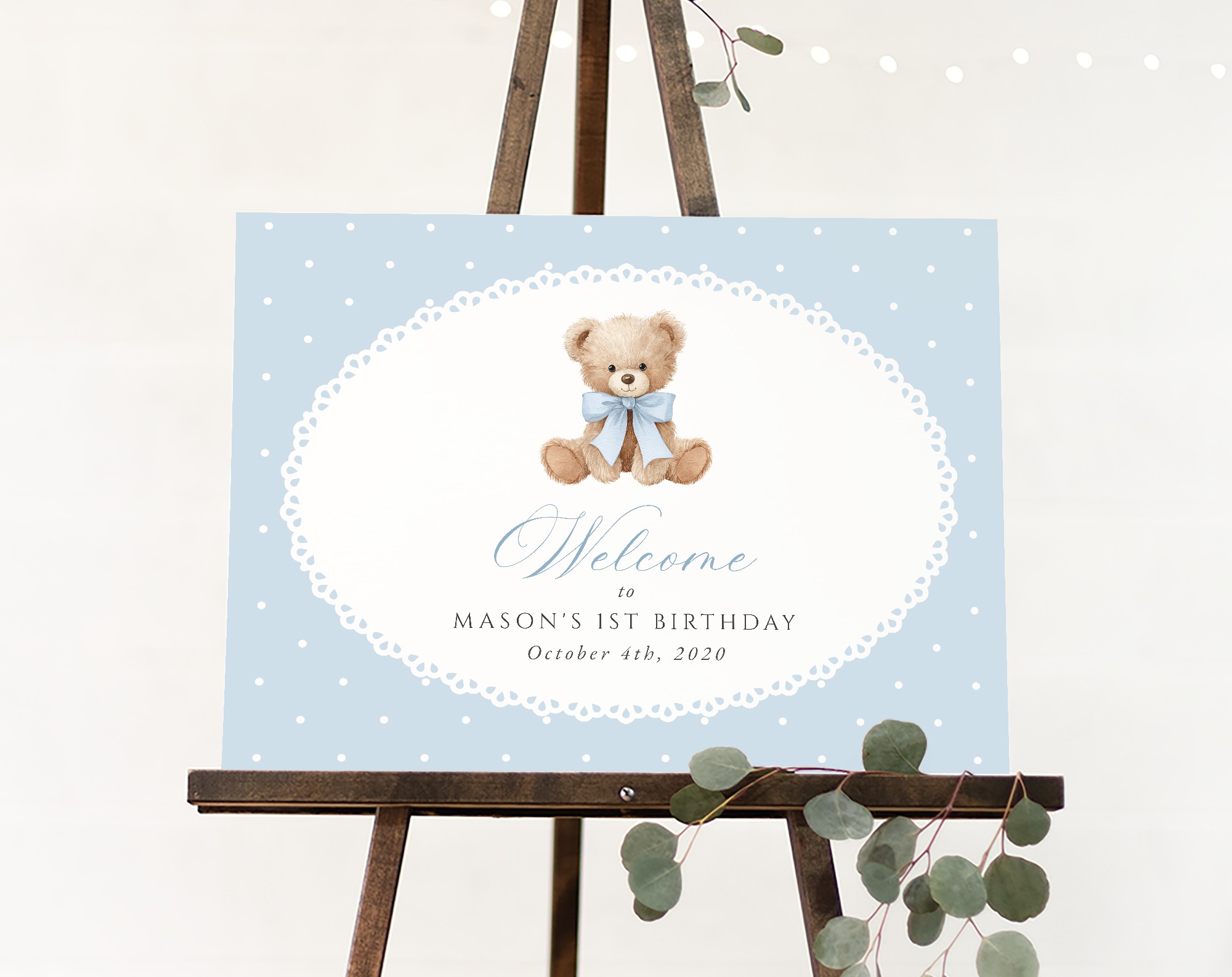 Bear and Blue Polka Dots Welcome Sign, First Birthday, Boy Birthday, Printable File, Edit Yourself, SH223 Bear and Blue Polka Dots Welcome Sign, First Birthday, Boy Birthday, Printable File, Edit Yourself, SH223