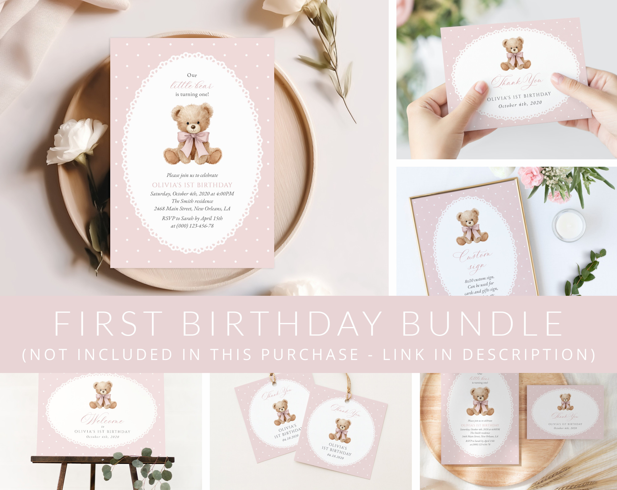 Bear and Pink Polka Dots First Birthday Mini Bundle, Girl Birthday, Printable File, Edit Yourself, SH224 Bear and Pink Polka Dots First Birthday Mini Bundle, Girl Birthday, Printable File, Edit Yourself, SH224