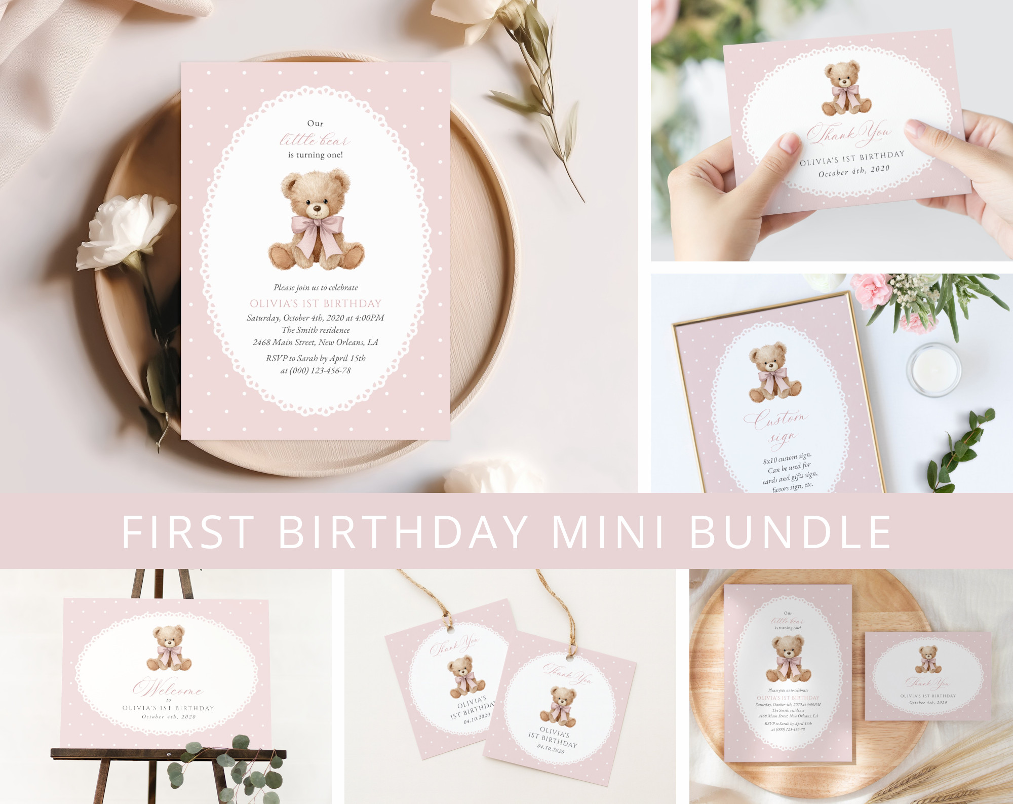 Bear and Pink Polka Dots First Birthday Mini Bundle, Girl Birthday, Printable File, Edit Yourself, SH224 Bear and Pink Polka Dots First Birthday Mini Bundle, Girl Birthday, Printable File, Edit Yourself, SH224