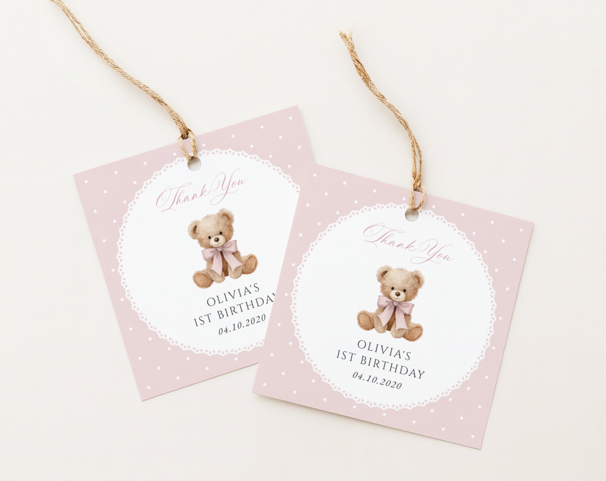 Bear and Pink Polka Dots Favor Tags, First Birthday, Girl Birthday, Printable File, Edit Yourself, SH224 Bear and Pink Polka Dots Favor Tags, First Birthday, Girl Birthday, Printable File, Edit Yourself, SH224