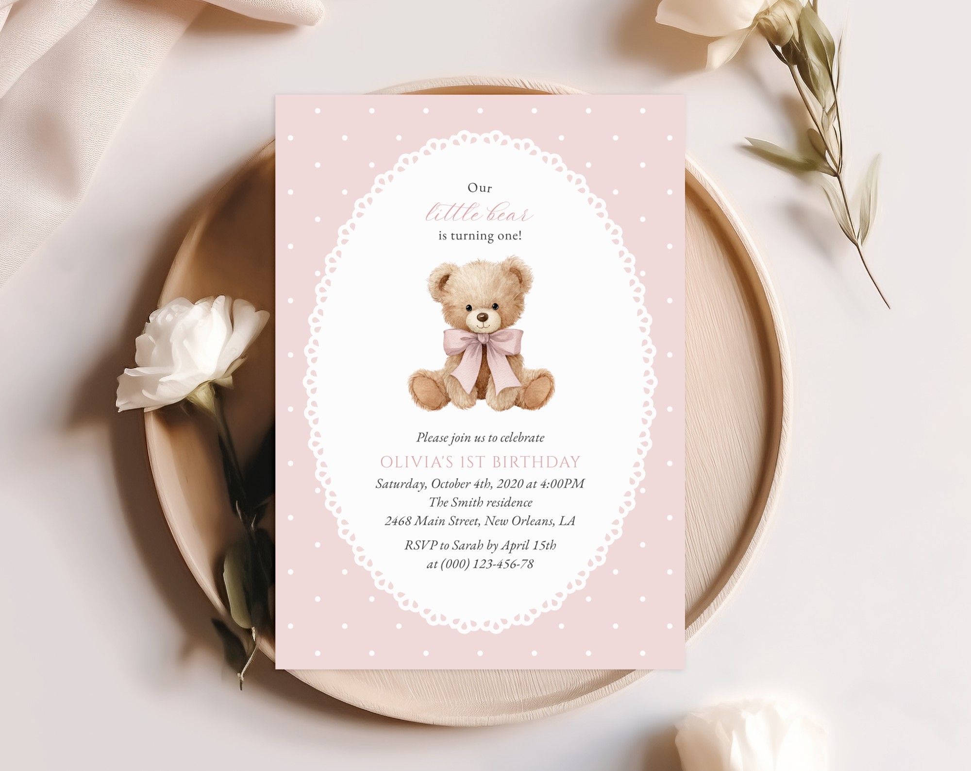 Bear and Pink Polka Dots First Birthday Invitation, Birthday Stationery, Girl Birthday, Printable File, Edit Yourself, SH224 Bear and Pink Polka Dots First Birthday Invitation, Birthday Stationery, Girl Birthday, Printable File, Edit Yourself, SH224