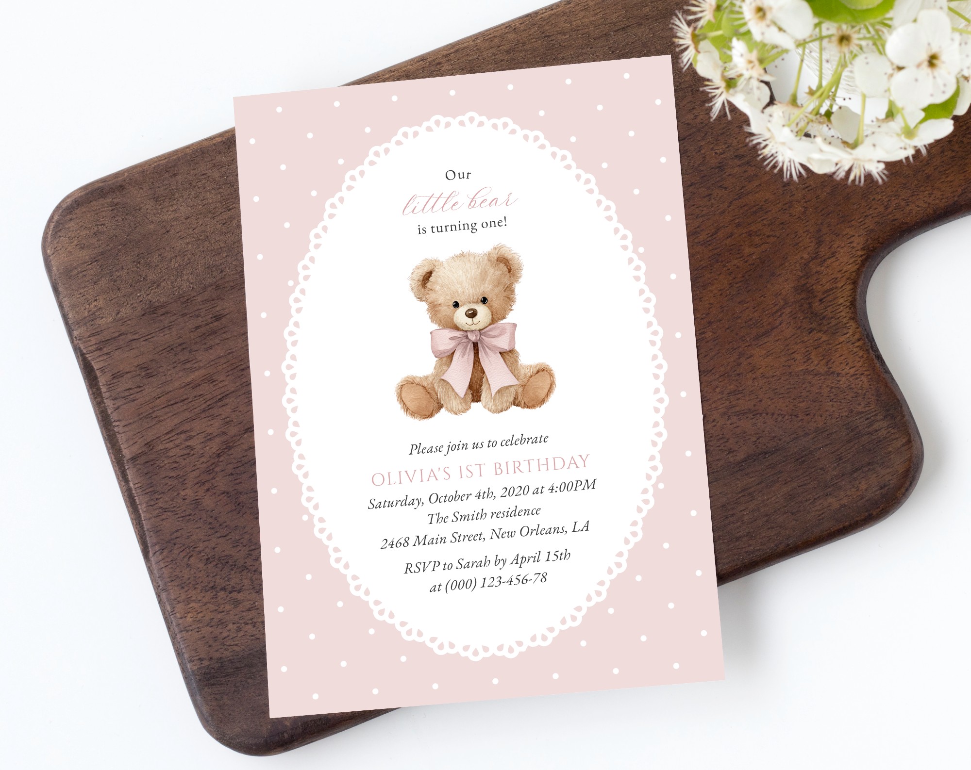 Bear and Pink Polka Dots First Birthday Invitation, Birthday Stationery, Girl Birthday, Printable File, Edit Yourself, SH224 Bear and Pink Polka Dots First Birthday Invitation, Birthday Stationery, Girl Birthday, Printable File, Edit Yourself, SH224