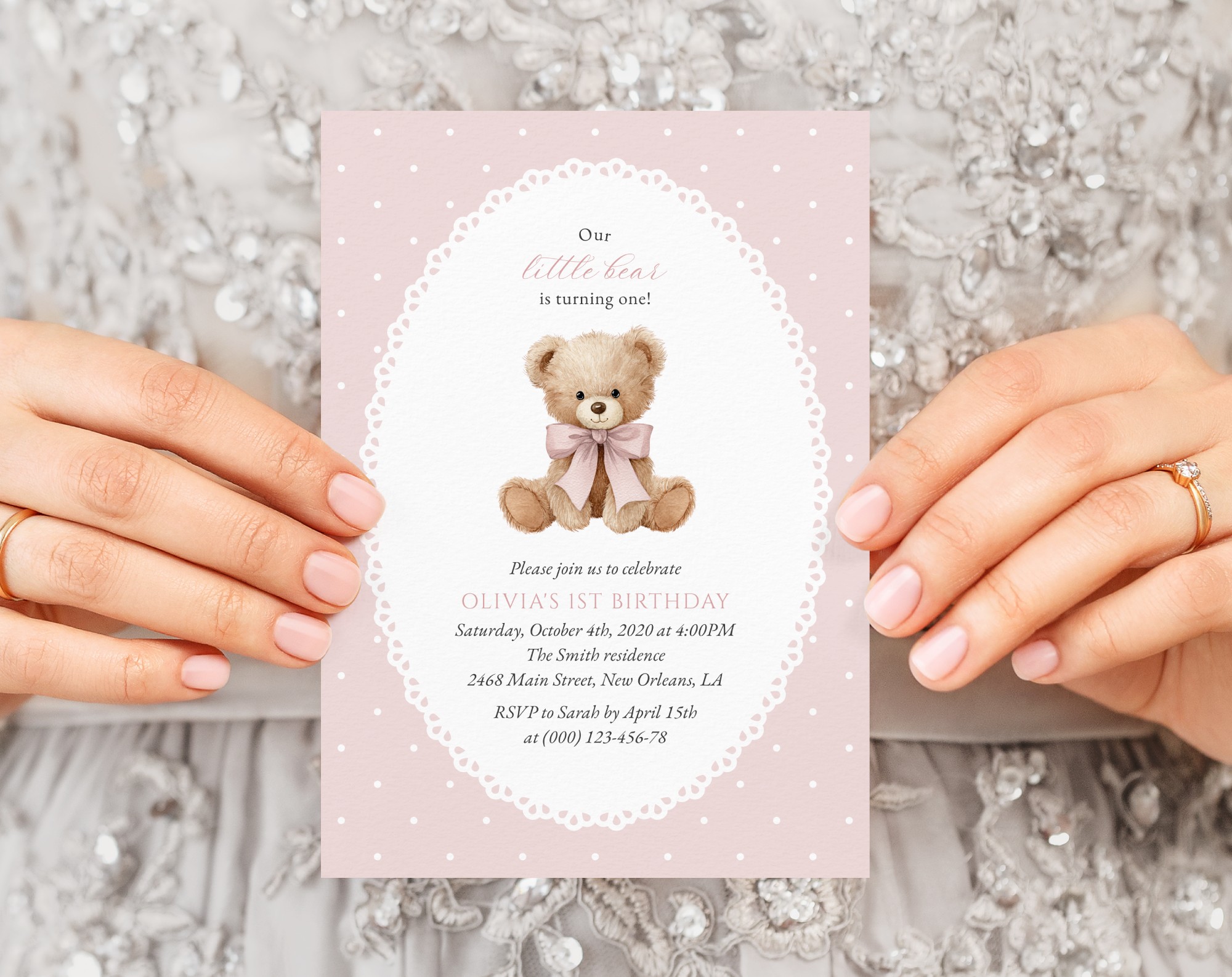 Bear and Pink Polka Dots First Birthday Invitation, Birthday Stationery, Girl Birthday, Printable File, Edit Yourself, SH224 Bear and Pink Polka Dots First Birthday Invitation, Birthday Stationery, Girl Birthday, Printable File, Edit Yourself, SH224