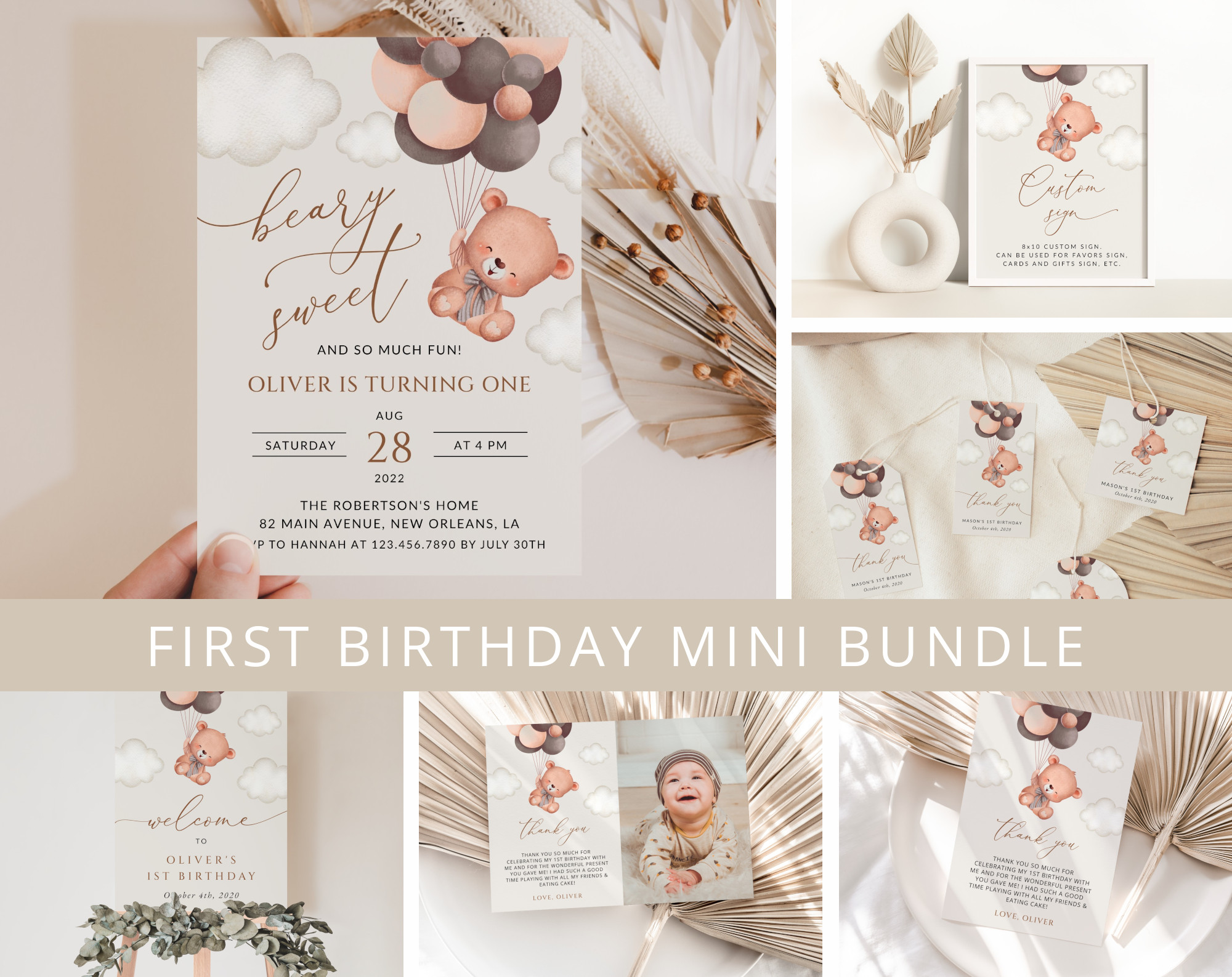 Baby Bear with Brown Balloons First Birthday Mini Bundle, Boy Birthday, Printable File, Edit Yourself, SH78