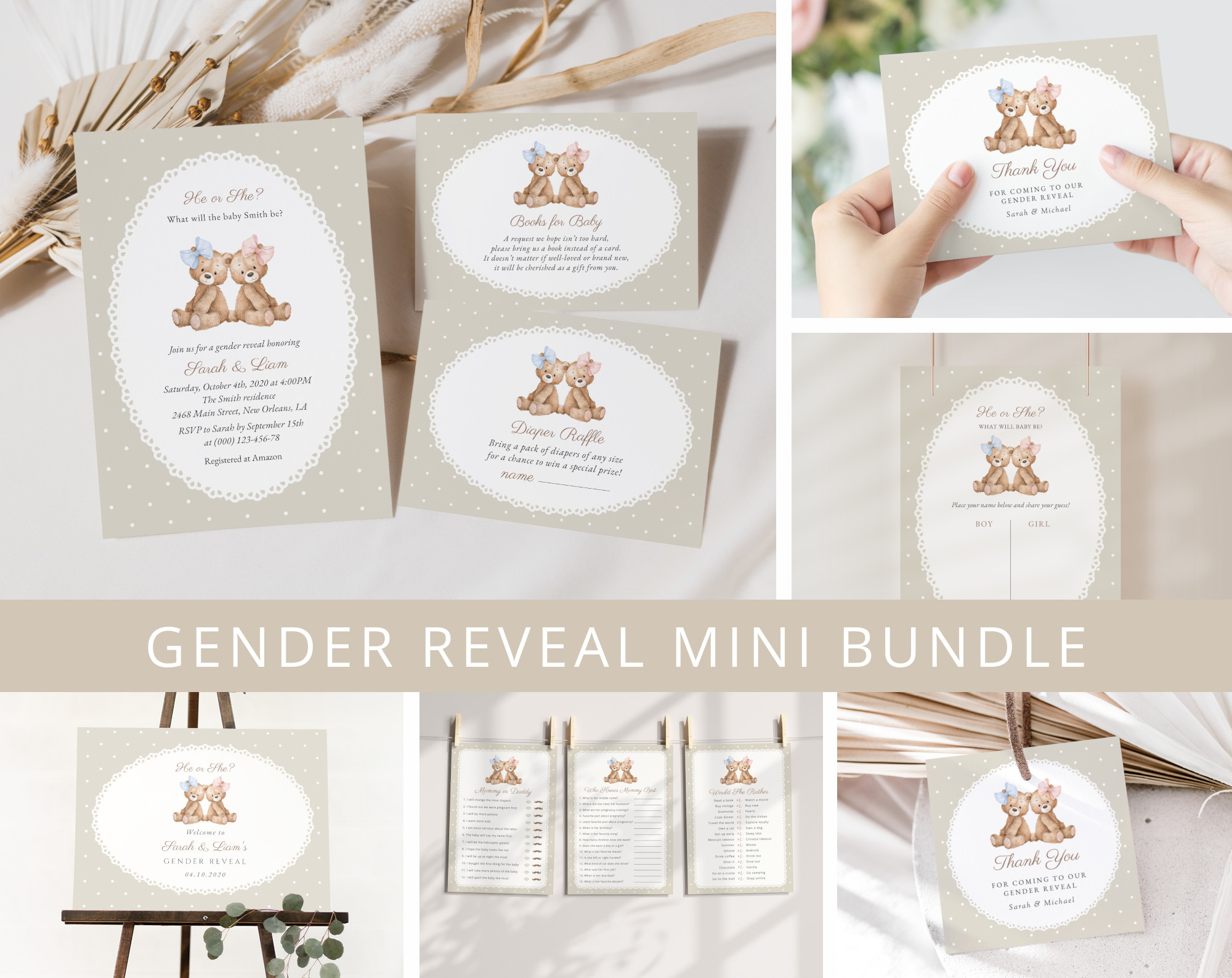 Bear and Beige Polka Dots Gender Reveal Mini Bundle, Printable File, Edit Yourself, SH225