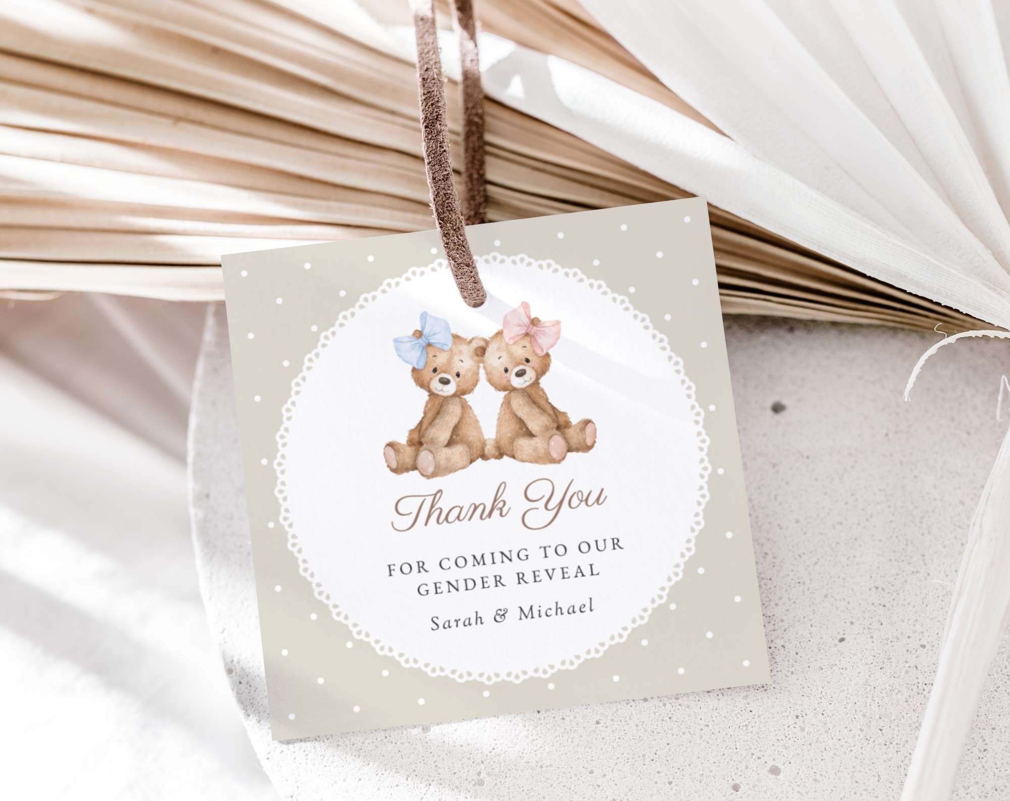 Bear and Beige Polka Dots Gender Reveal Favor Tags, Gift Tags, Printable File, Edit Yourself, SH225