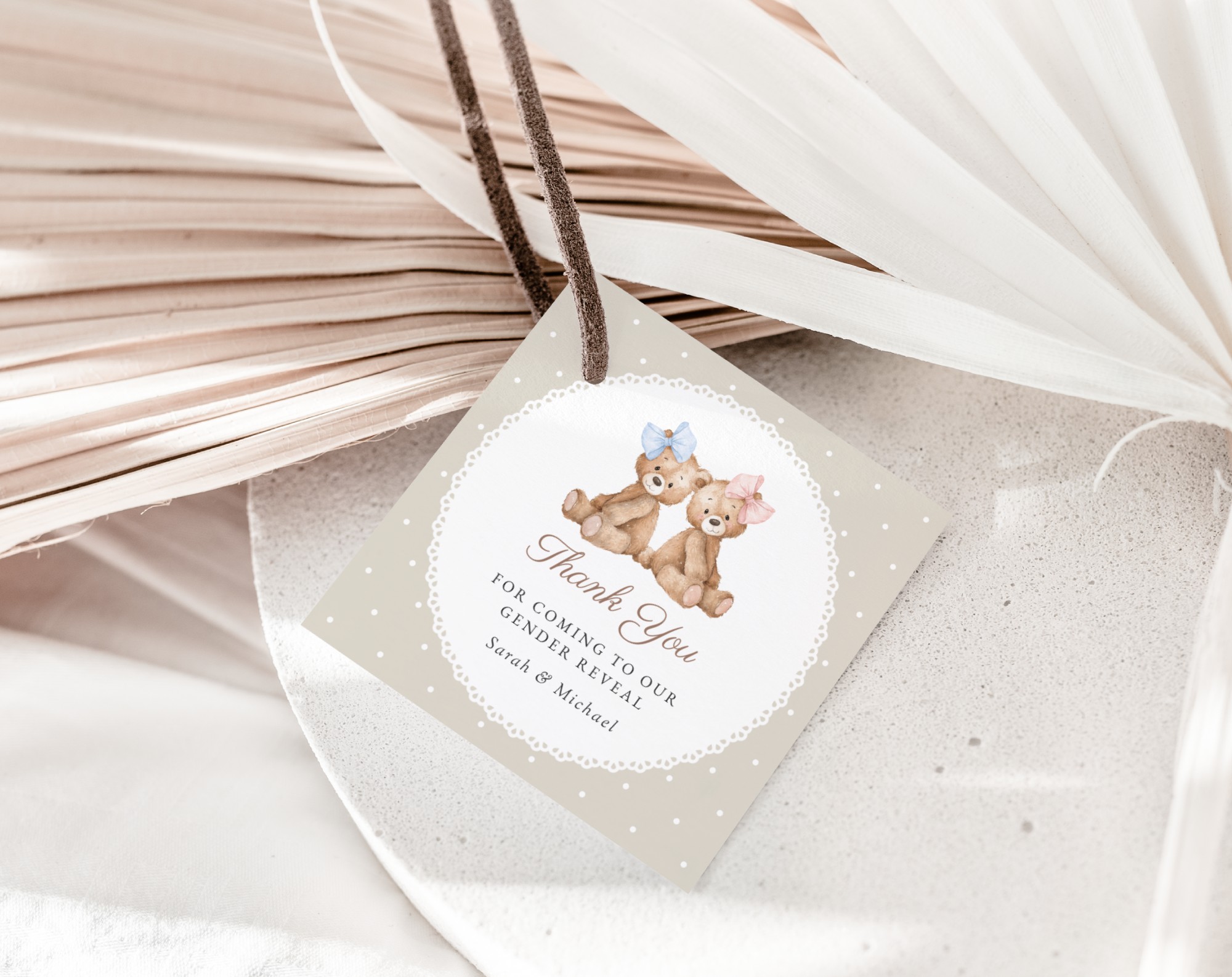 Bear and Beige Polka Dots Gender Reveal Favor Tags, Gift Tags, Printable File, Edit Yourself, SH225