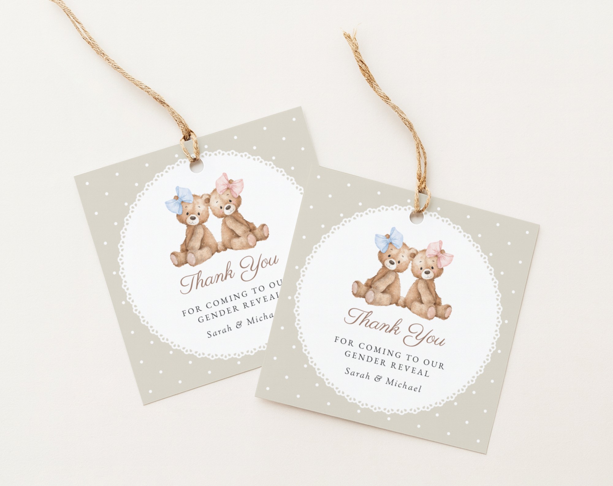 Bear and Beige Polka Dots Gender Reveal Favor Tags, Gift Tags, Printable File, Edit Yourself, SH225