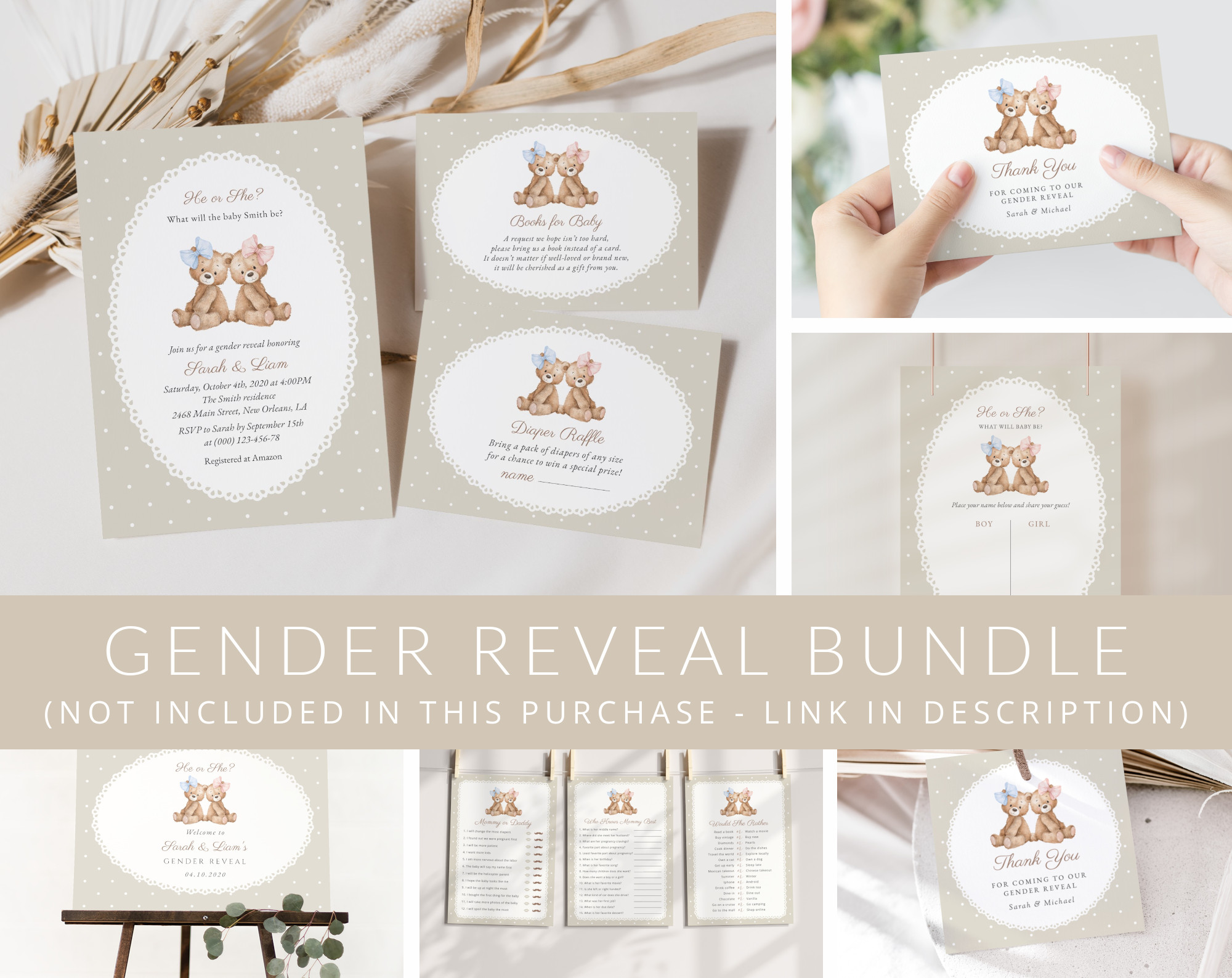 Bear and Beige Polka Dots Gender Reveal Mini Bundle, Printable File, Edit Yourself, SH225