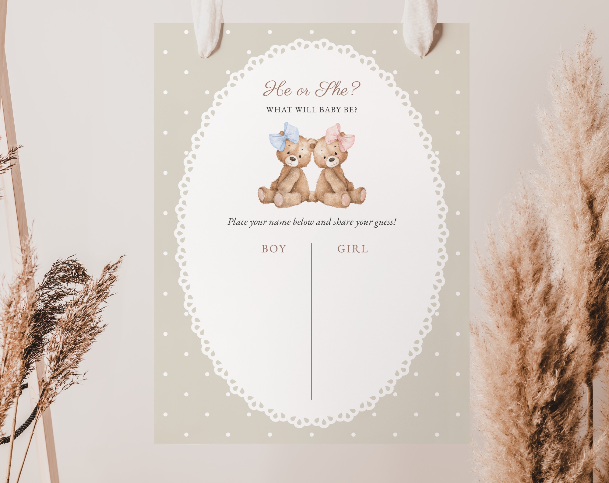Bear and Beige Polka Dots Guess the Gender, Gender Reveal Sign, Printable File, Edit Yourself, SH225 Bear and Beige Polka Dots Guess the Gender, Gender Reveal Sign, Printable File, Edit Yourself, SH225