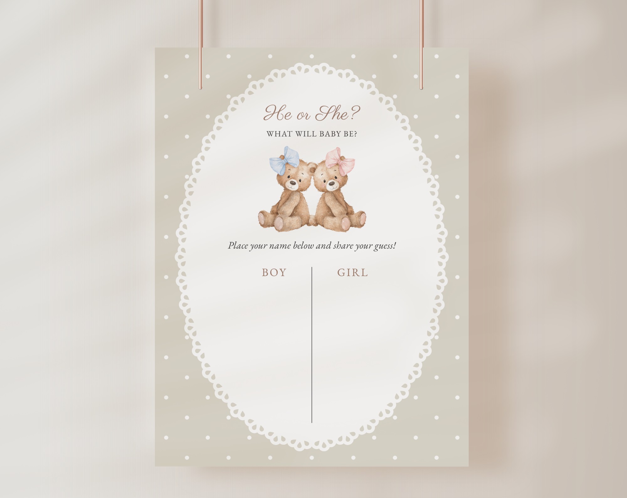 Bear and Beige Polka Dots Guess the Gender, Gender Reveal Sign, Printable File, Edit Yourself, SH225 Bear and Beige Polka Dots Guess the Gender, Gender Reveal Sign, Printable File, Edit Yourself, SH225