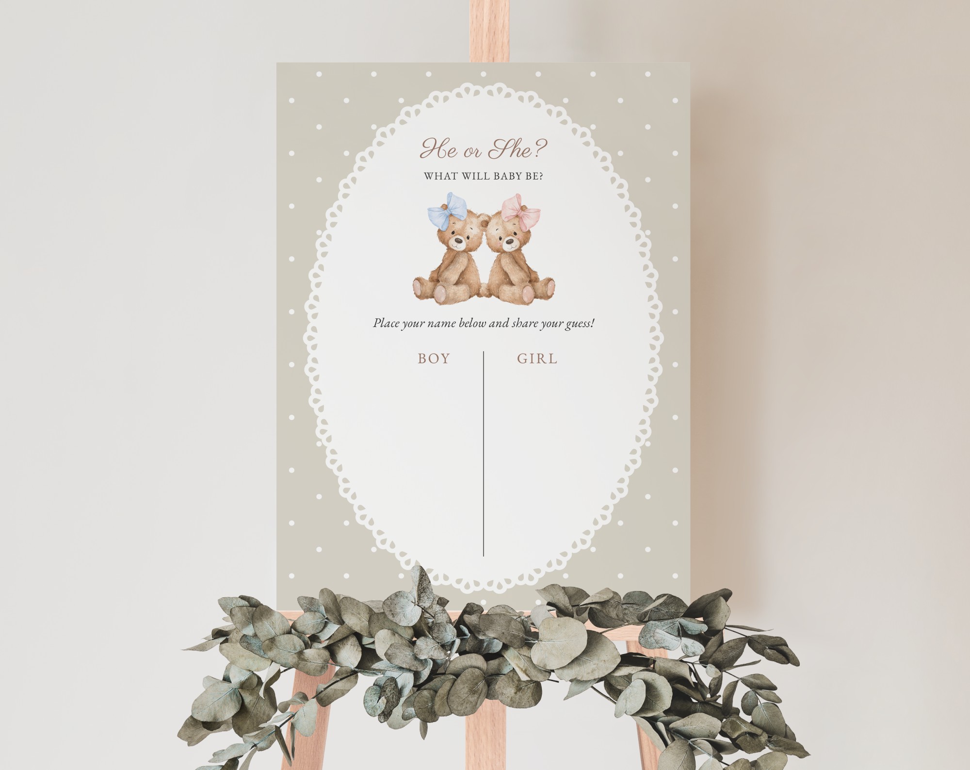Bear and Beige Polka Dots Guess the Gender, Gender Reveal Sign, Printable File, Edit Yourself, SH225