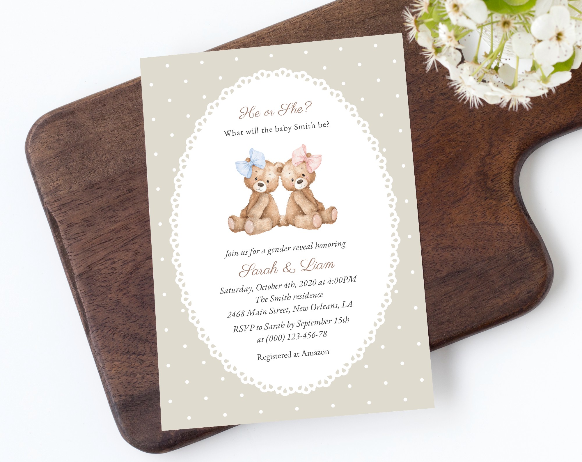 Bear and Beige Polka Dots Gender Reveal Invitation, Printable File, Edit Yourself, SH225